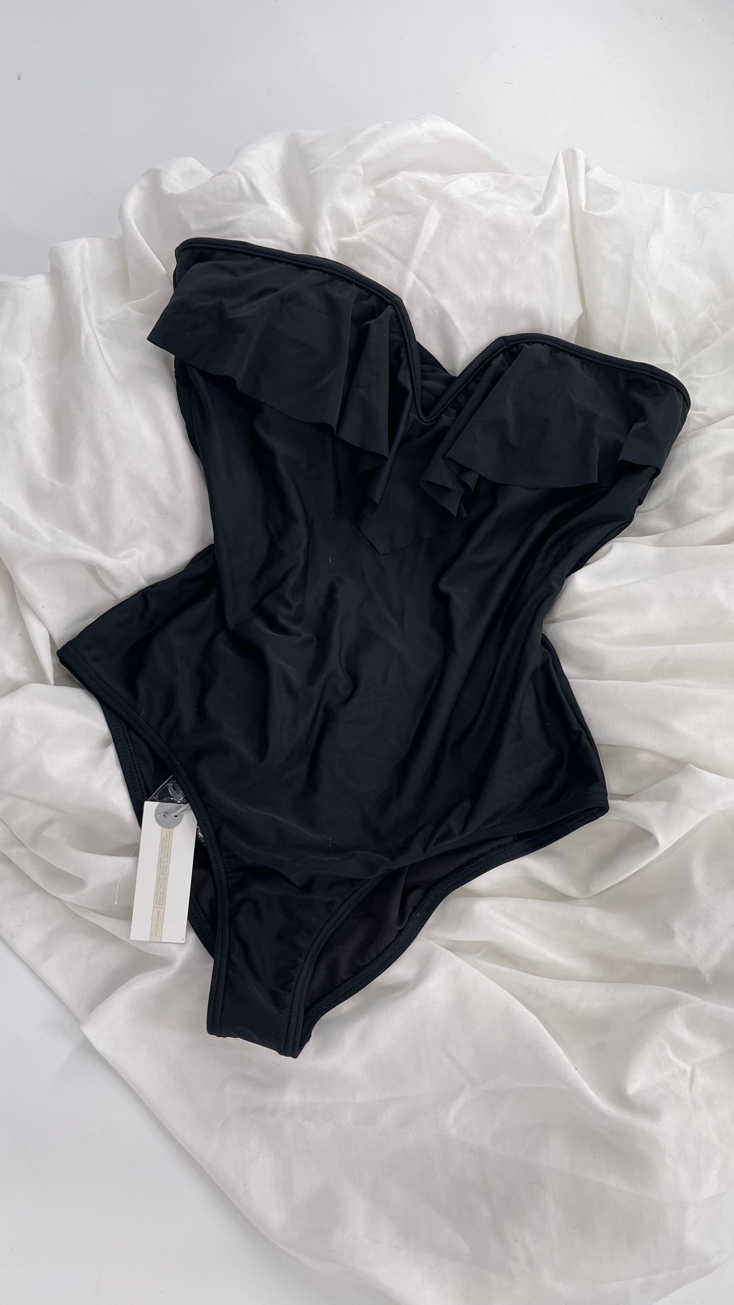 O’Neill Black Swimsuit with Built in Bra with Ruffled Bust, Open Back, Straps and Tags Attached (Large)