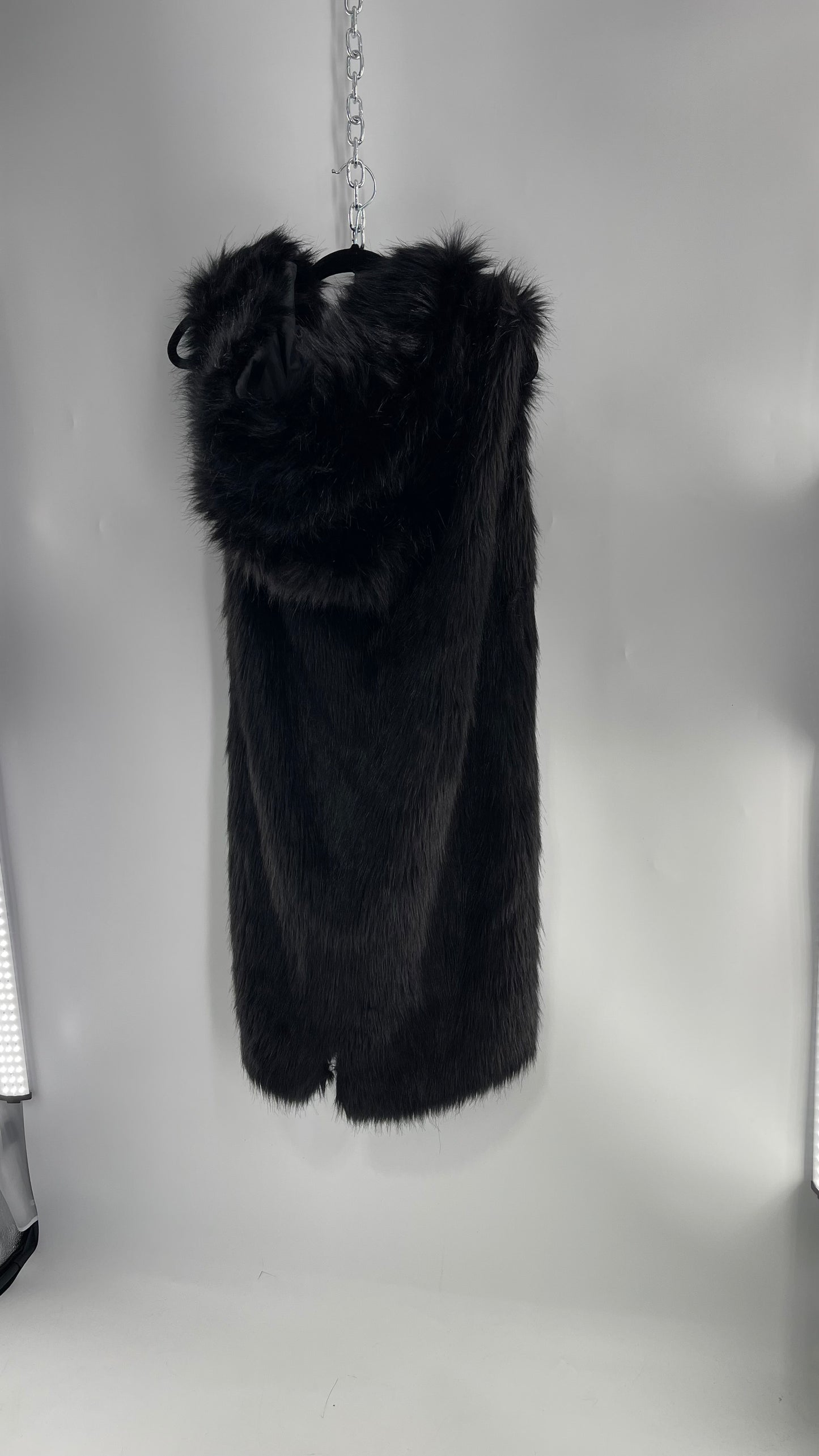 Full Length Black Fuzzy Sleeveless Vest with Oversized Hood (Medium)