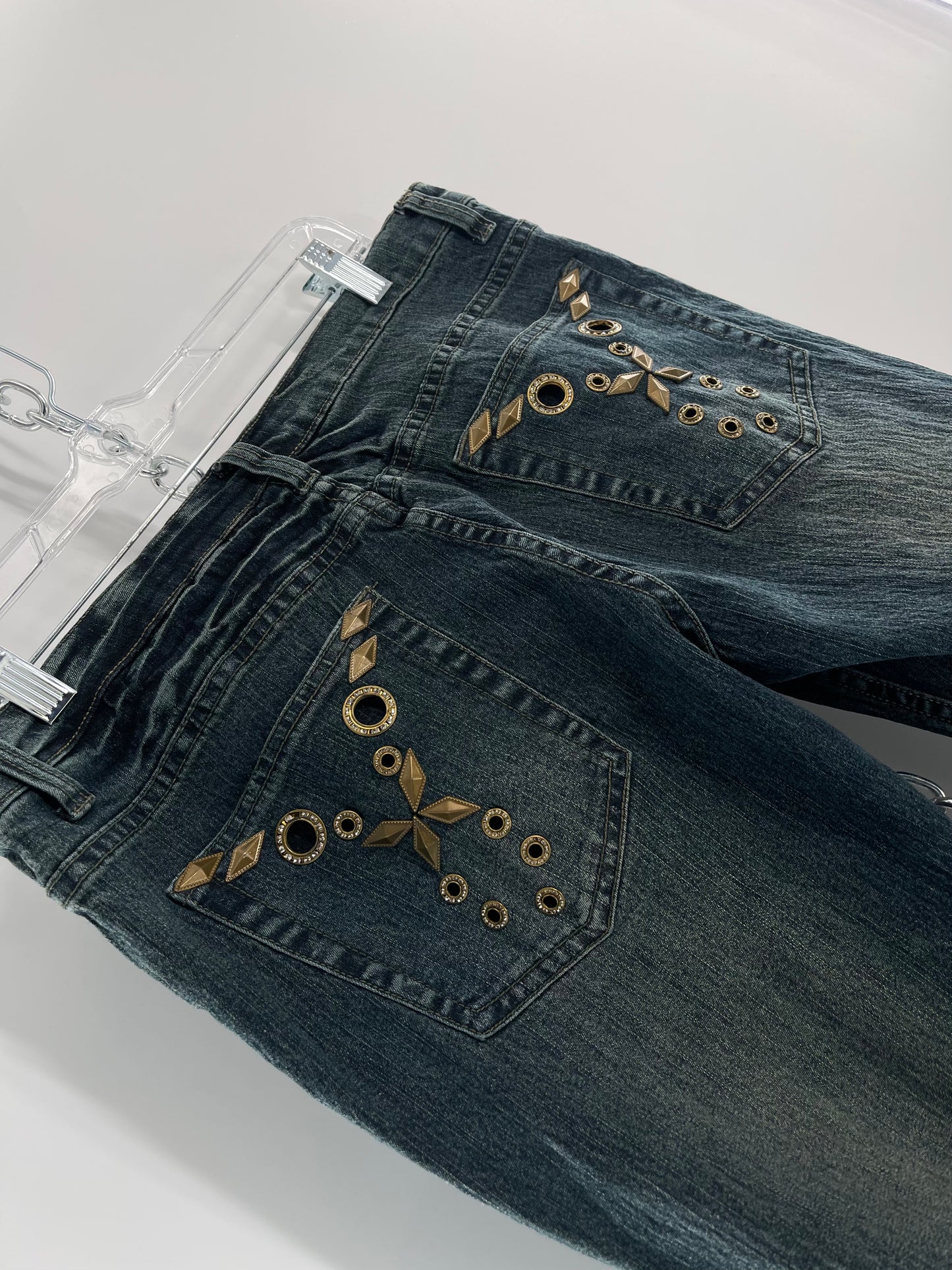 Vintage Blue Pointe Kickflare Medium Wash Jeans with Gold Rhinestone Metal Jewels (13)