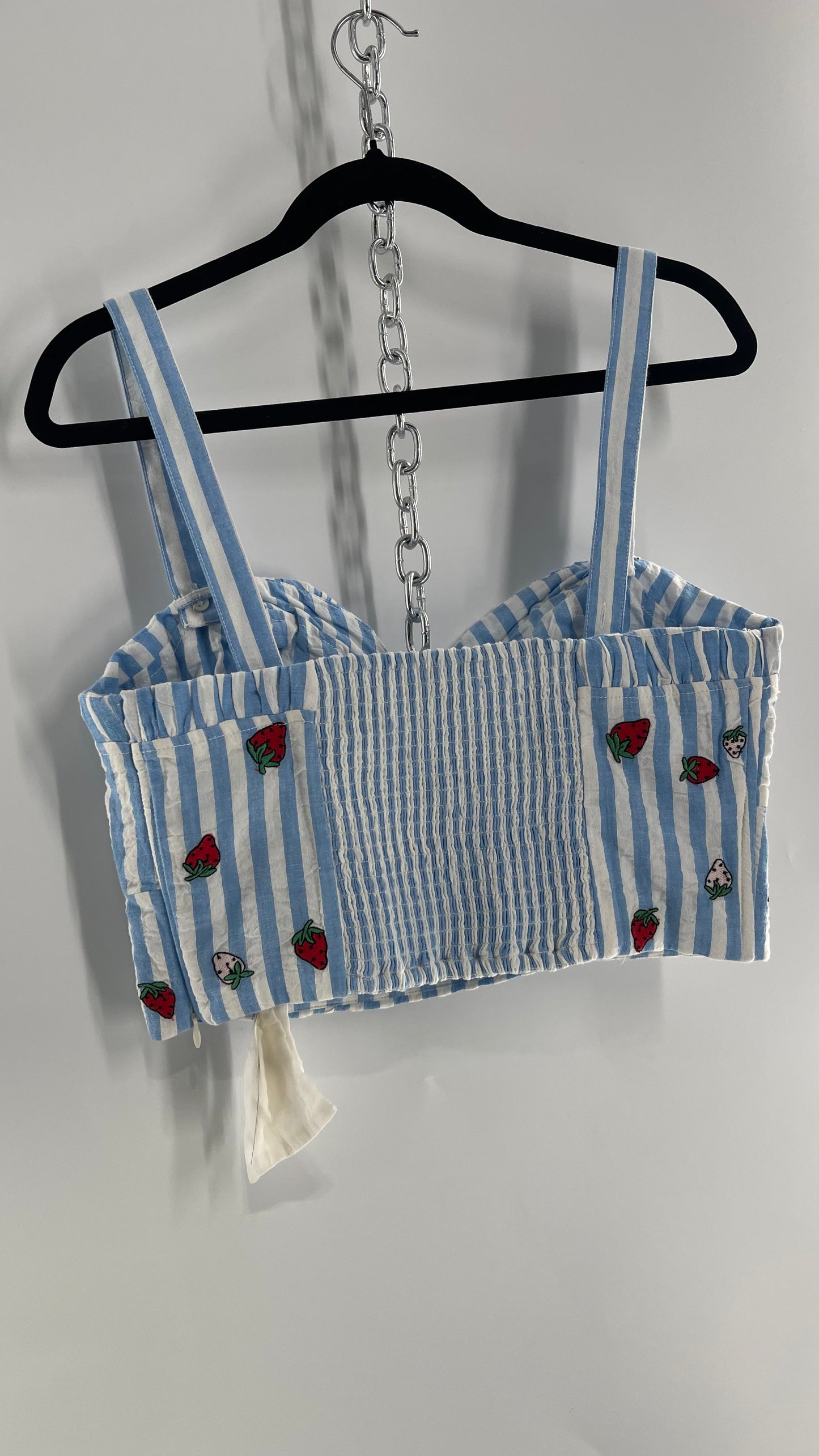 Maeve Anthropologie Baby Blue White Striped Corset Like Crop with Embroidered Strawberries (6)