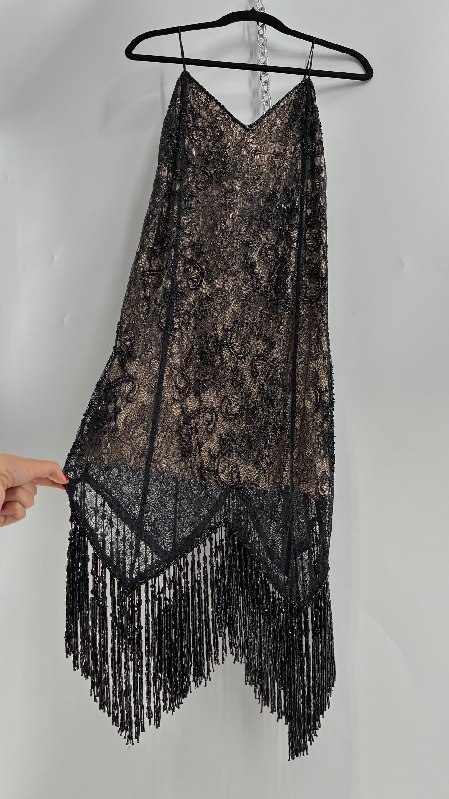 Vintage Haute Hippie Black Lace Nude Underlay Dress with Pointed Heavily Beaded Fringe Hem (2)