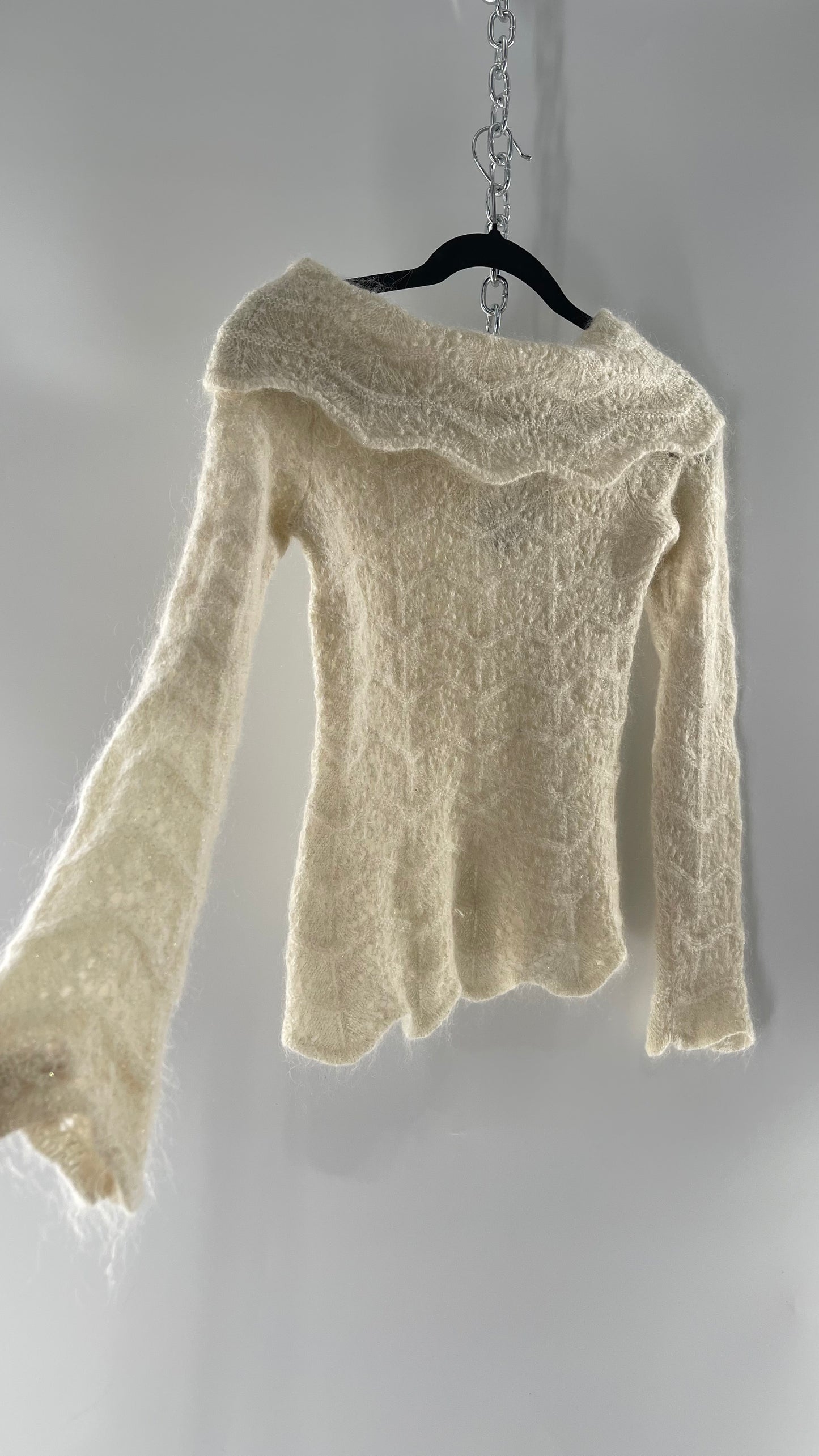 Vintage Ivory Off White Lace Knit Off the Shoulder Sweater Top (Medium)
