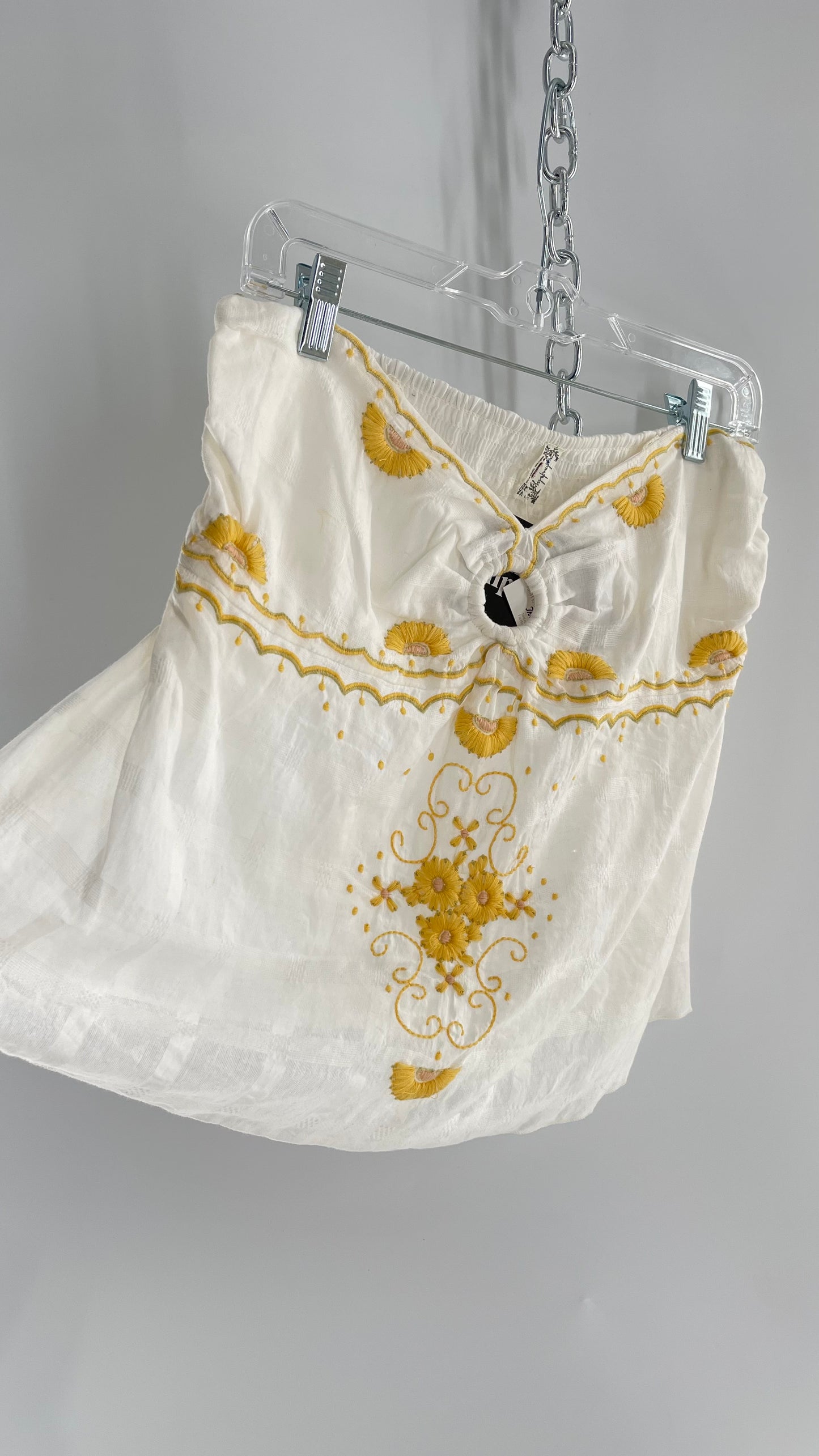 Intimately Free People White Cotton Tube Tank with Yellow Embroidered Detailing (L)