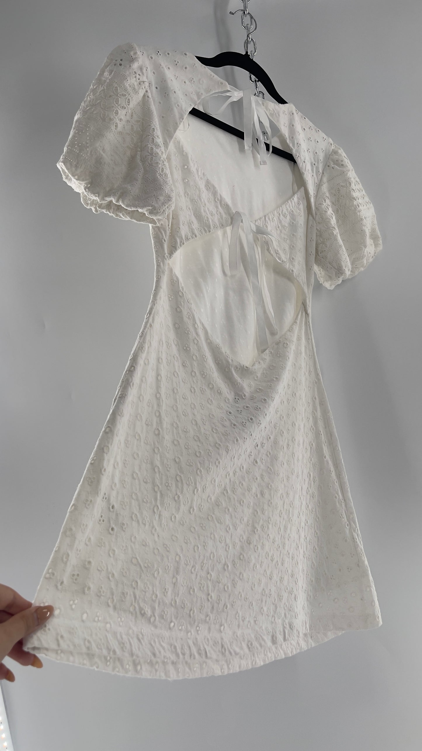 Free People White Eyelet Mini Dress with Puff Sleeve and Open Back (XS)