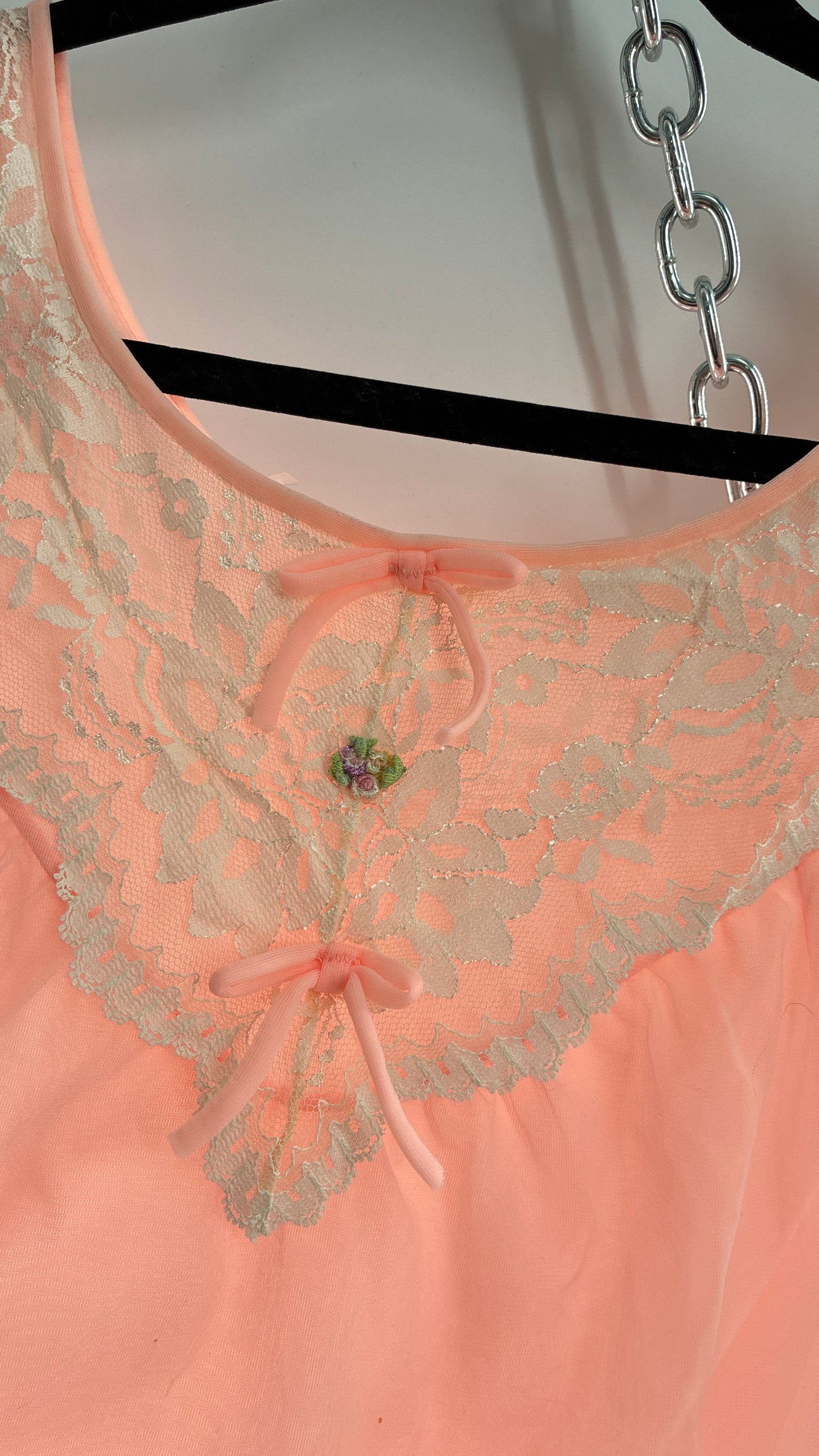 Vintage Neon Pink Babydoll Mini with Lace Sailor Style Neckline with Bows and Embroidery (48)