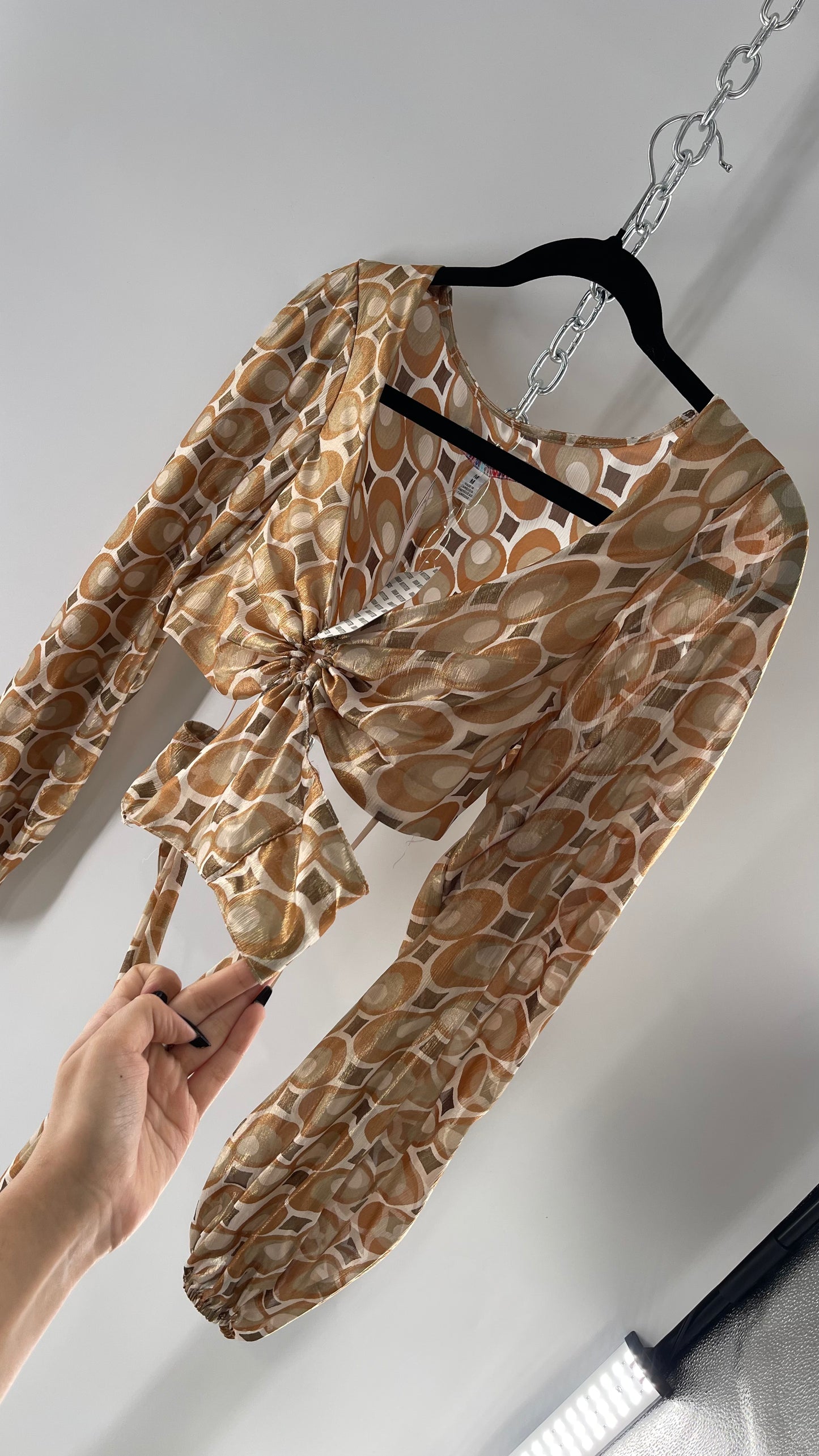 Urban Outfitters Shimmer Top Balloon Sleeve Gold Retro Print Cut Out Tie Around Blouse (Medium)