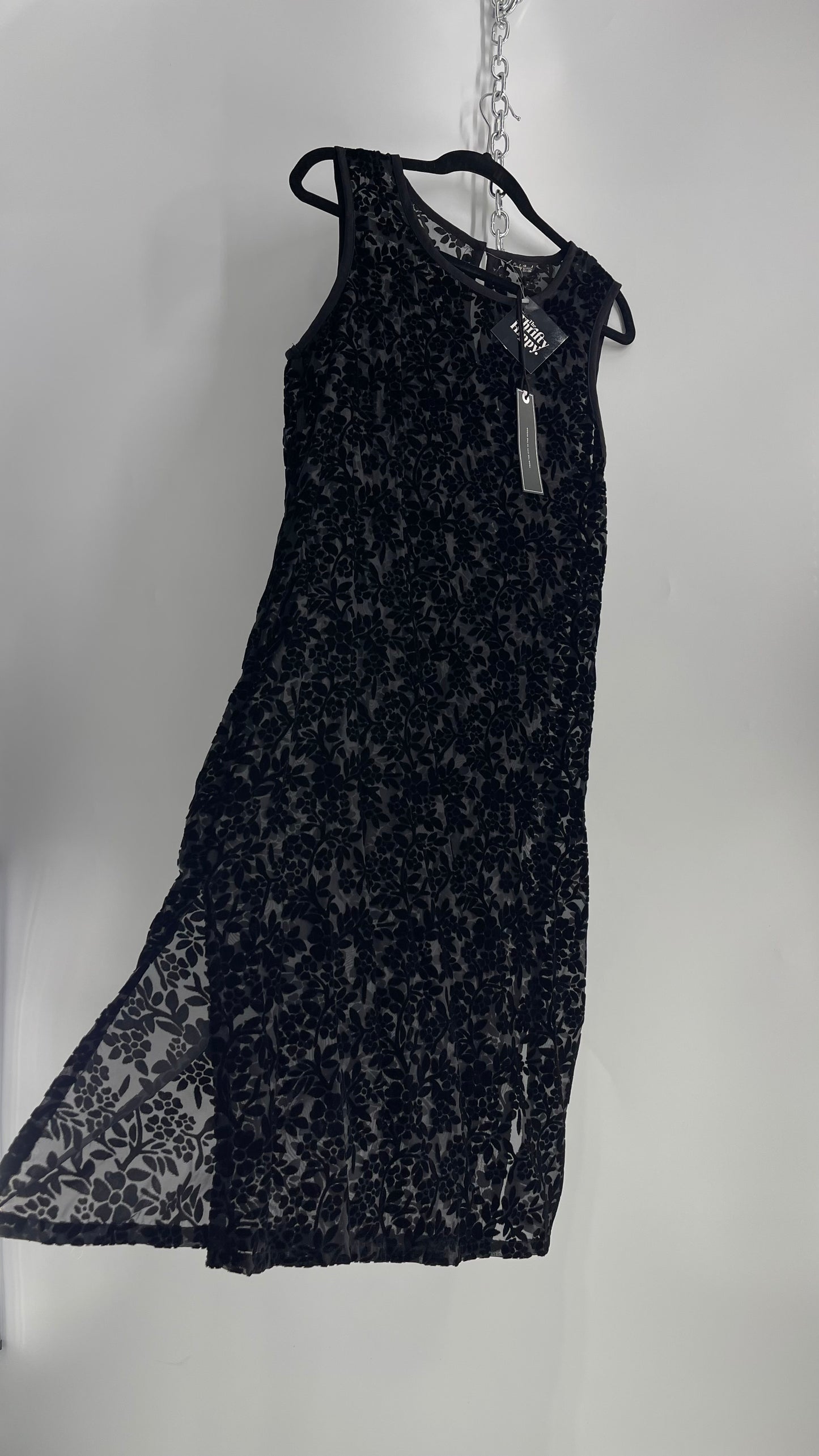 Lucky Brand Black Sheer Patterned Floral Velvet Midi Dress with Tags Attached (Medium)