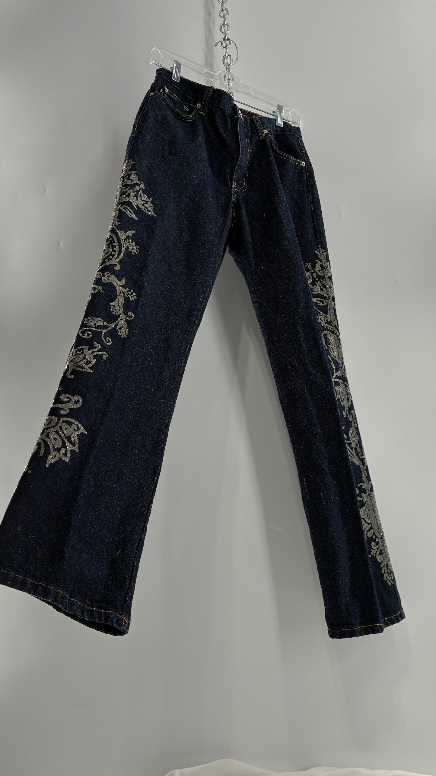 Vintage EXPRESS JEANS Dark Wash with Iridescent, Embellished, Textured Design Running Down Pant Leg (3/4)