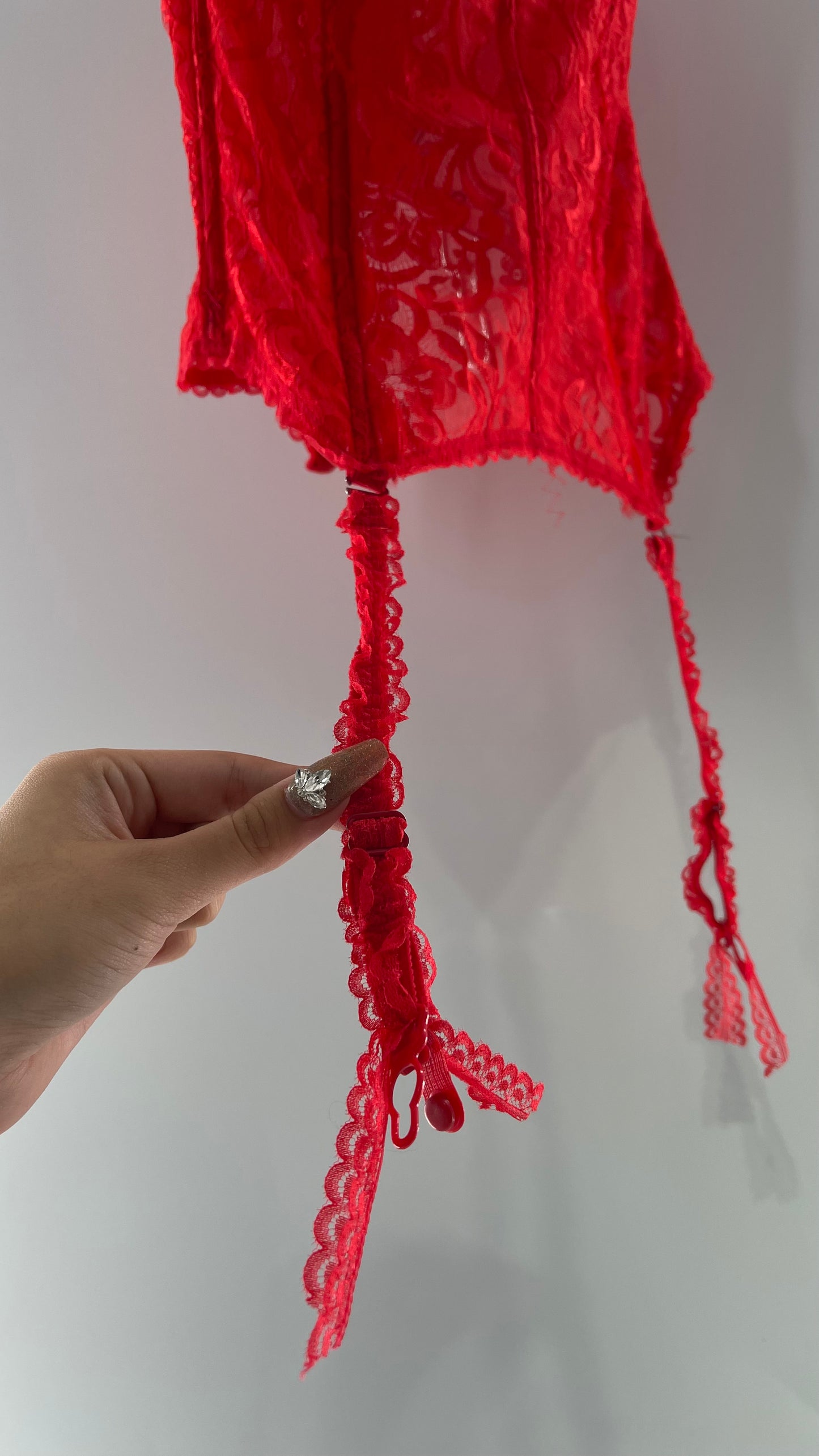 90s Vintage Red Lace Corset with Ruffled Sleeves and Removable Garter Straps (32B)