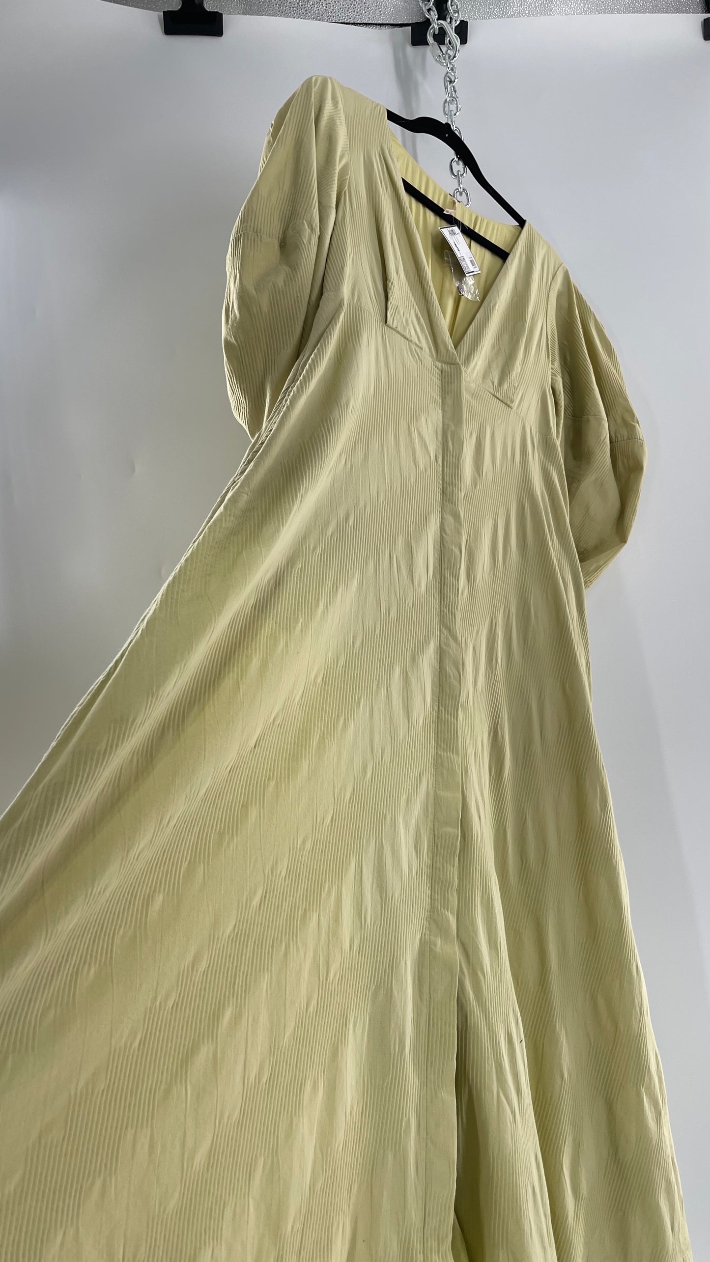 Free People Sage Green Textured Hidden Wooden Button Front Maxi with Back Pleating (Small)