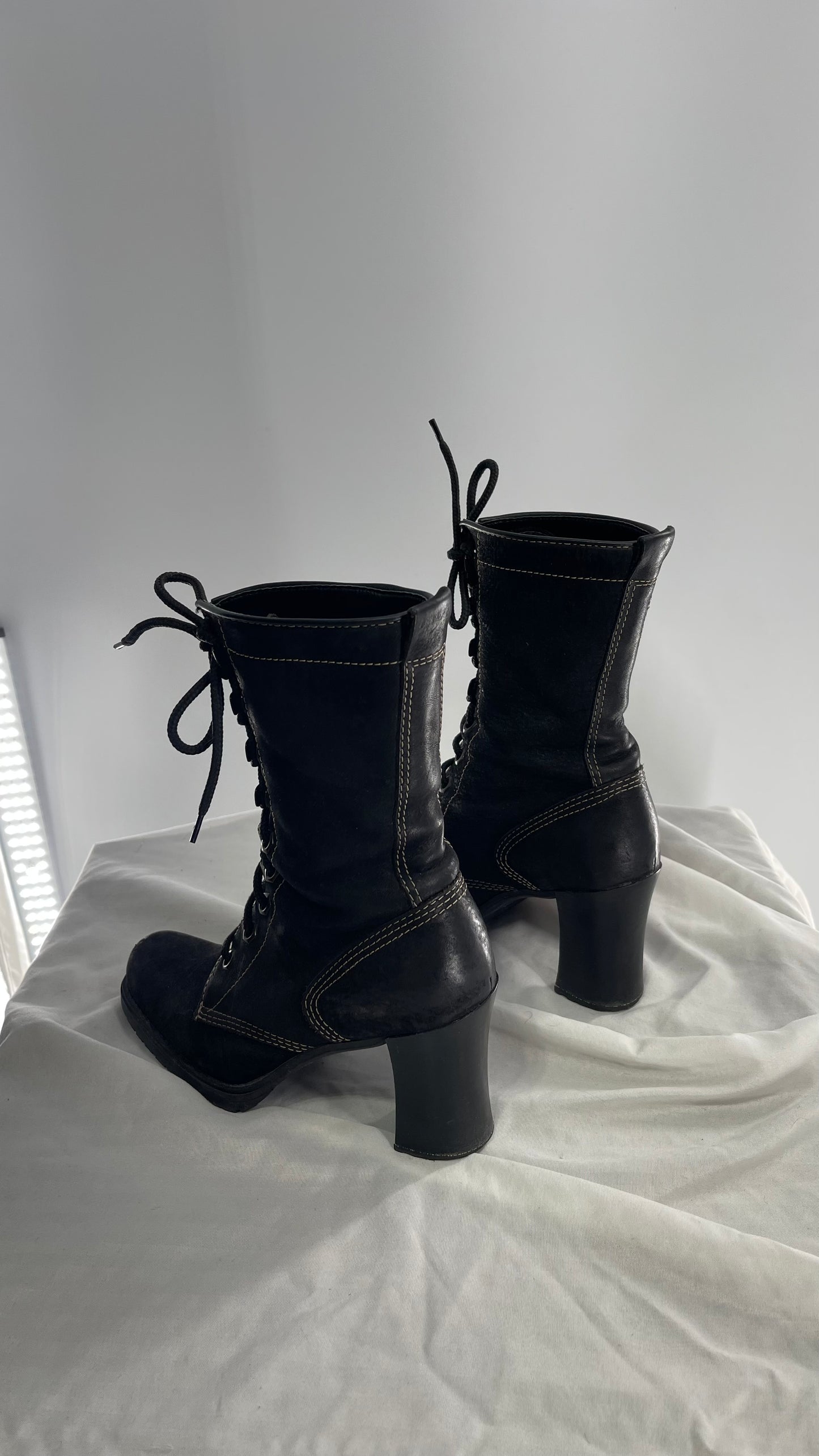 Vintage Nine West Leather Black Lace Up Combat Boots (7)