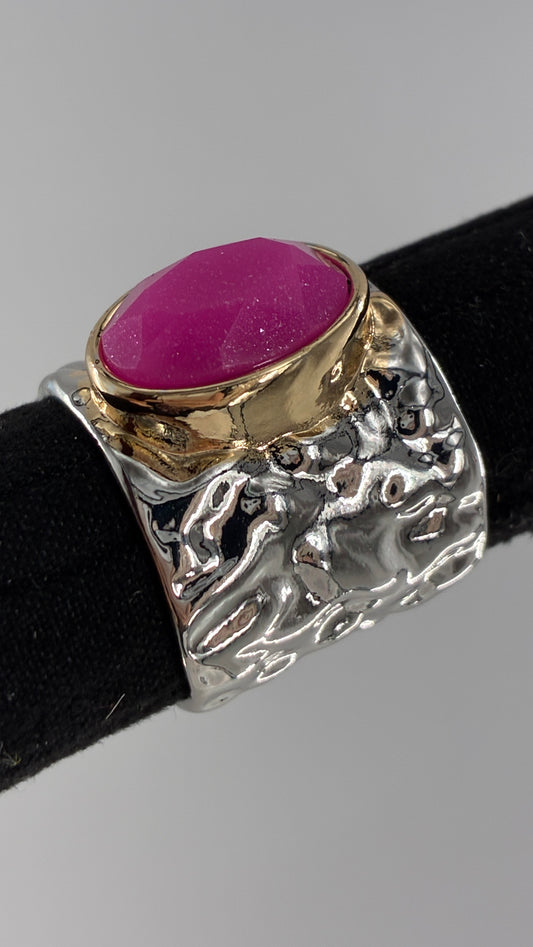 Silver Hammered Cuff Ring with Pink Gemstone