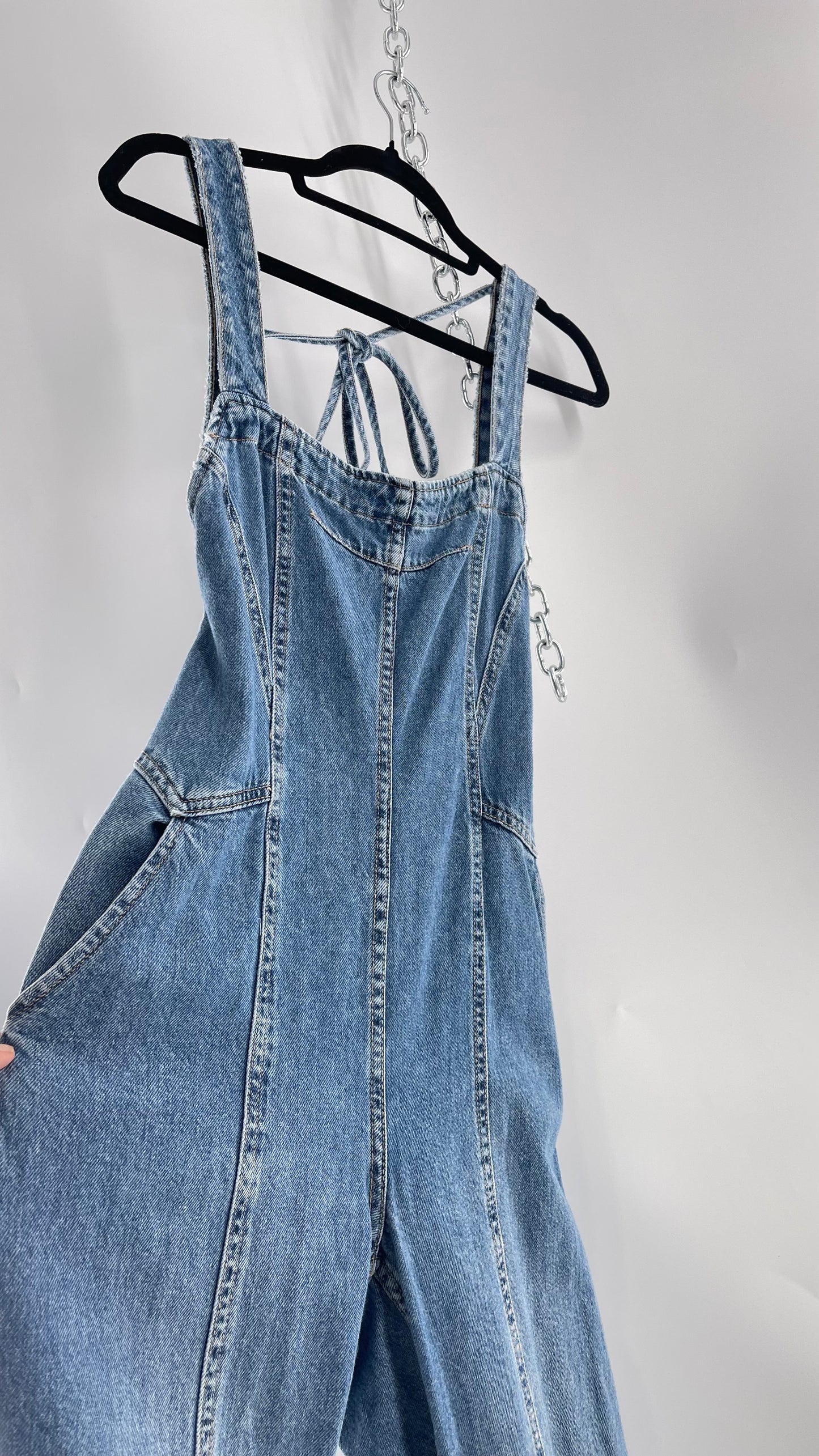 Free People Denim Backless Wide Leg Jumpsuit with Tags Attached (Small)