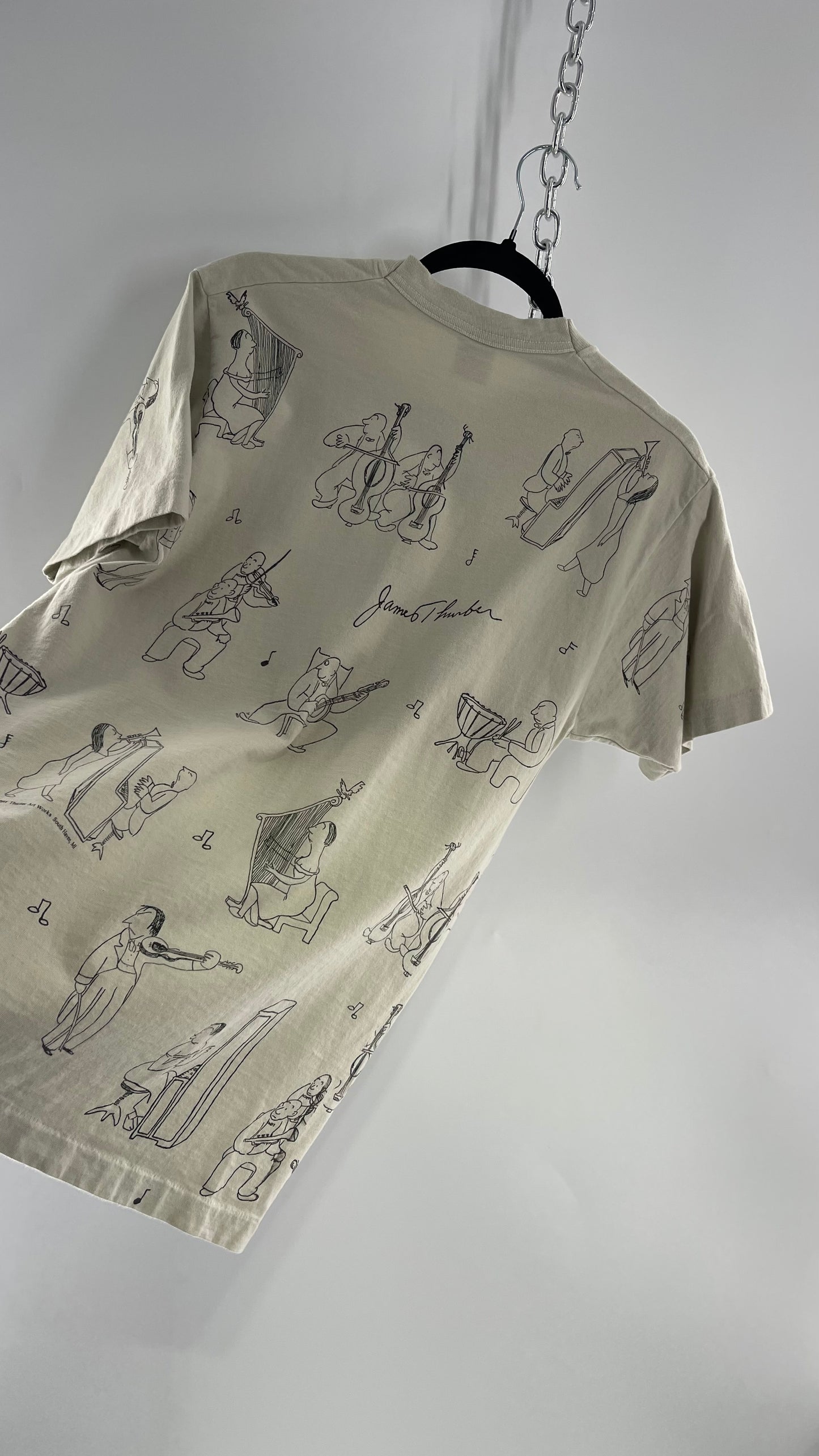 Vintage James Thurber Welcome to the Opera Beige Doodle Comic Sketch T Shirt (M)