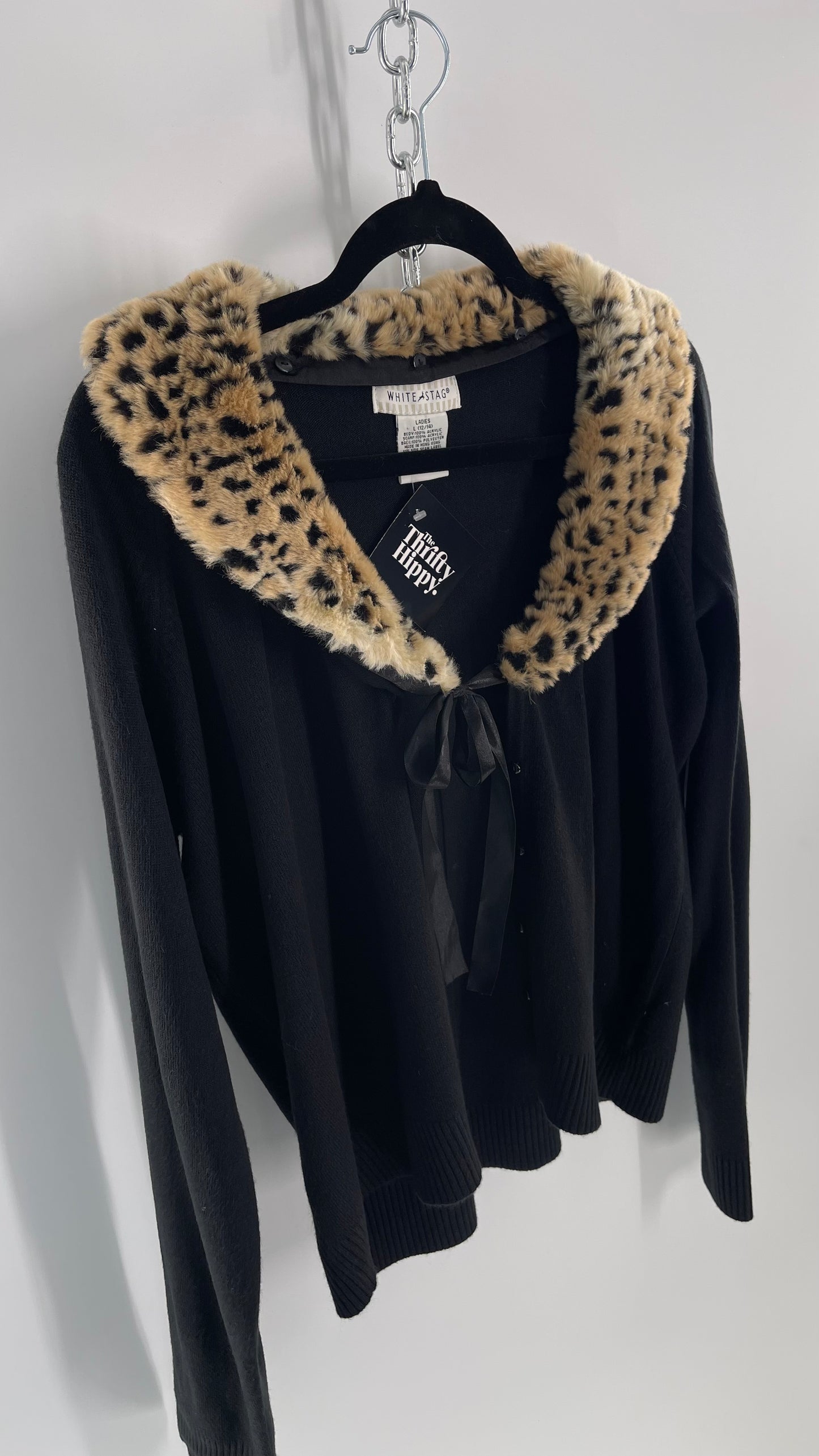 Vintage Cheetah Fur Trim Collar Cardigan (Large)