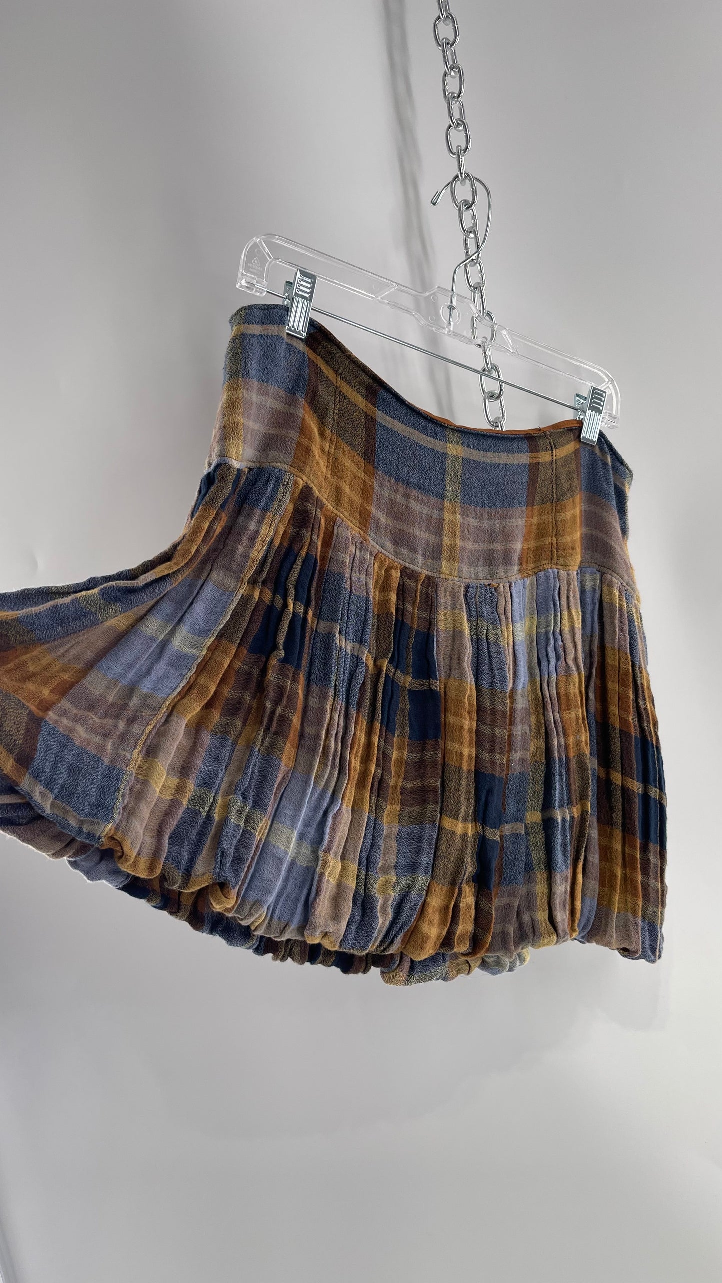Free People Plaid Blue Brown Mini Skirt with Balloon Hem with Tags Attached (12)