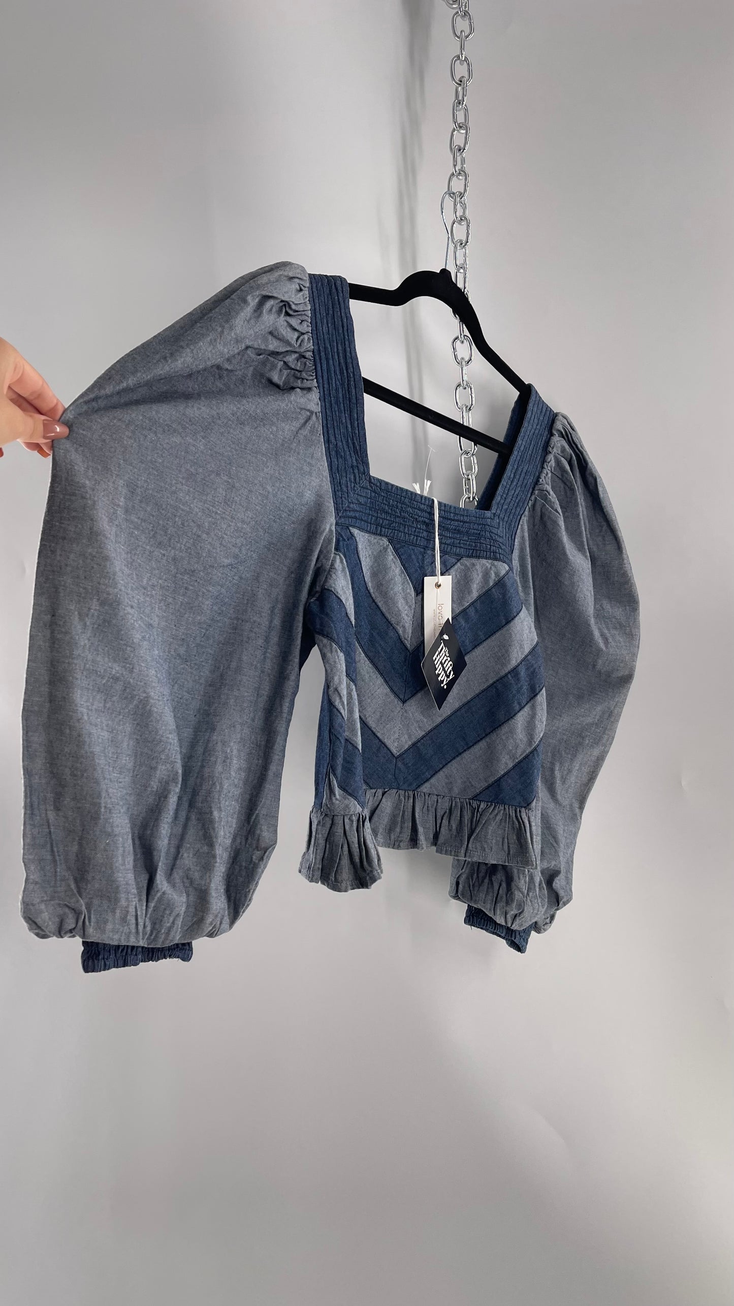 Love the Label ANTHROPOLOGIE Chambray, Chevron, Denim Smocked Blouse with Dramatic Sleeves and Tags Attached (Small)