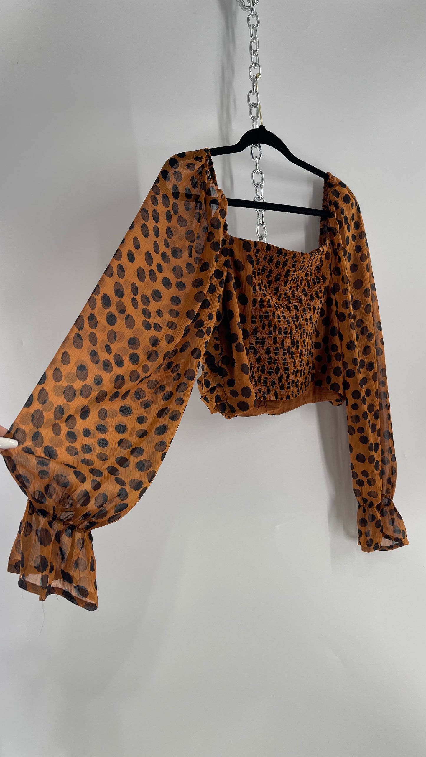 Free People Brown Black Animal Print Blouse with Ruched Bodice and Tags Attached (Large)