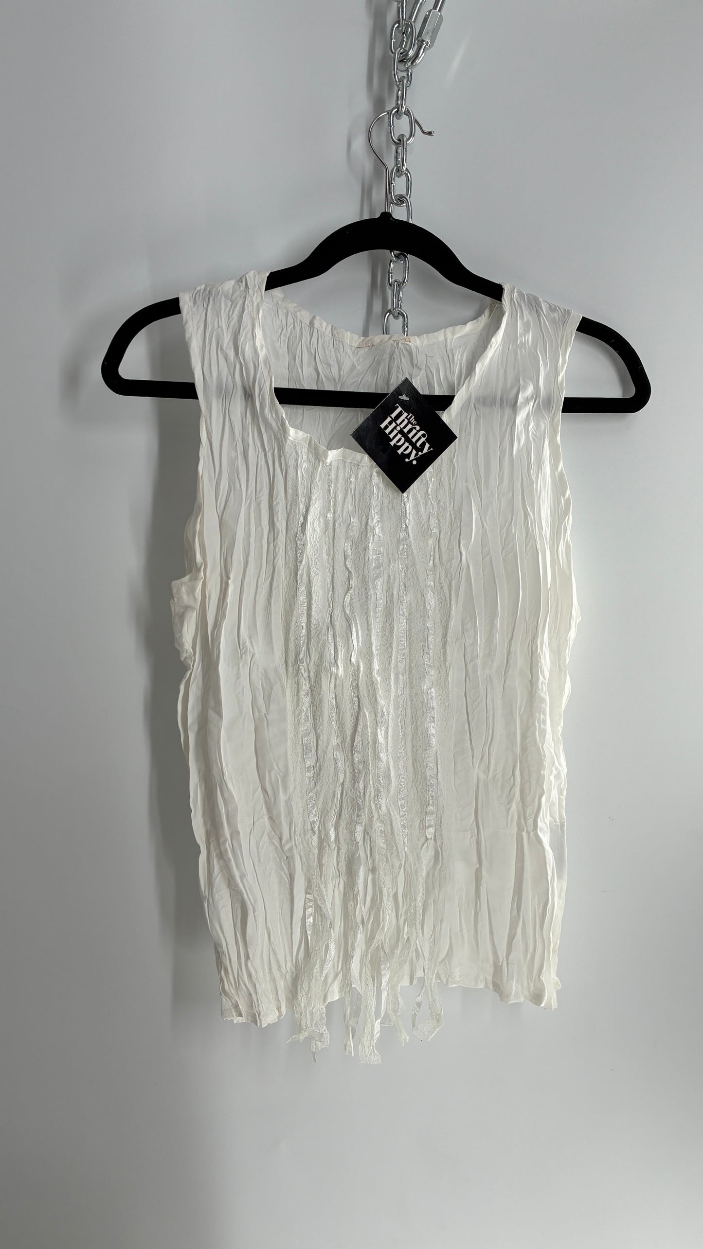Vintage 1990s Crimped White Camisole with Tassels, Ribbons, and Lace (Medium)