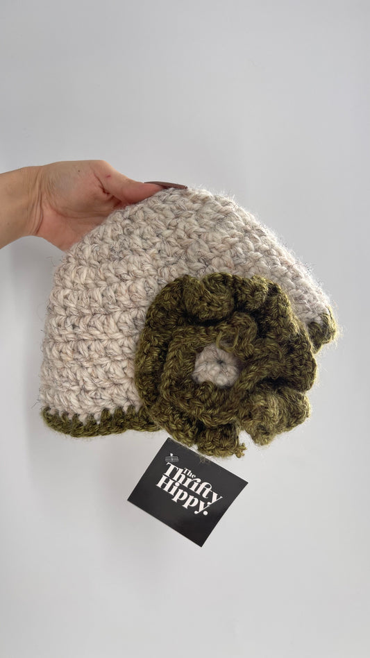 Vintage Beige Green Hand Knit Beanie with Rose