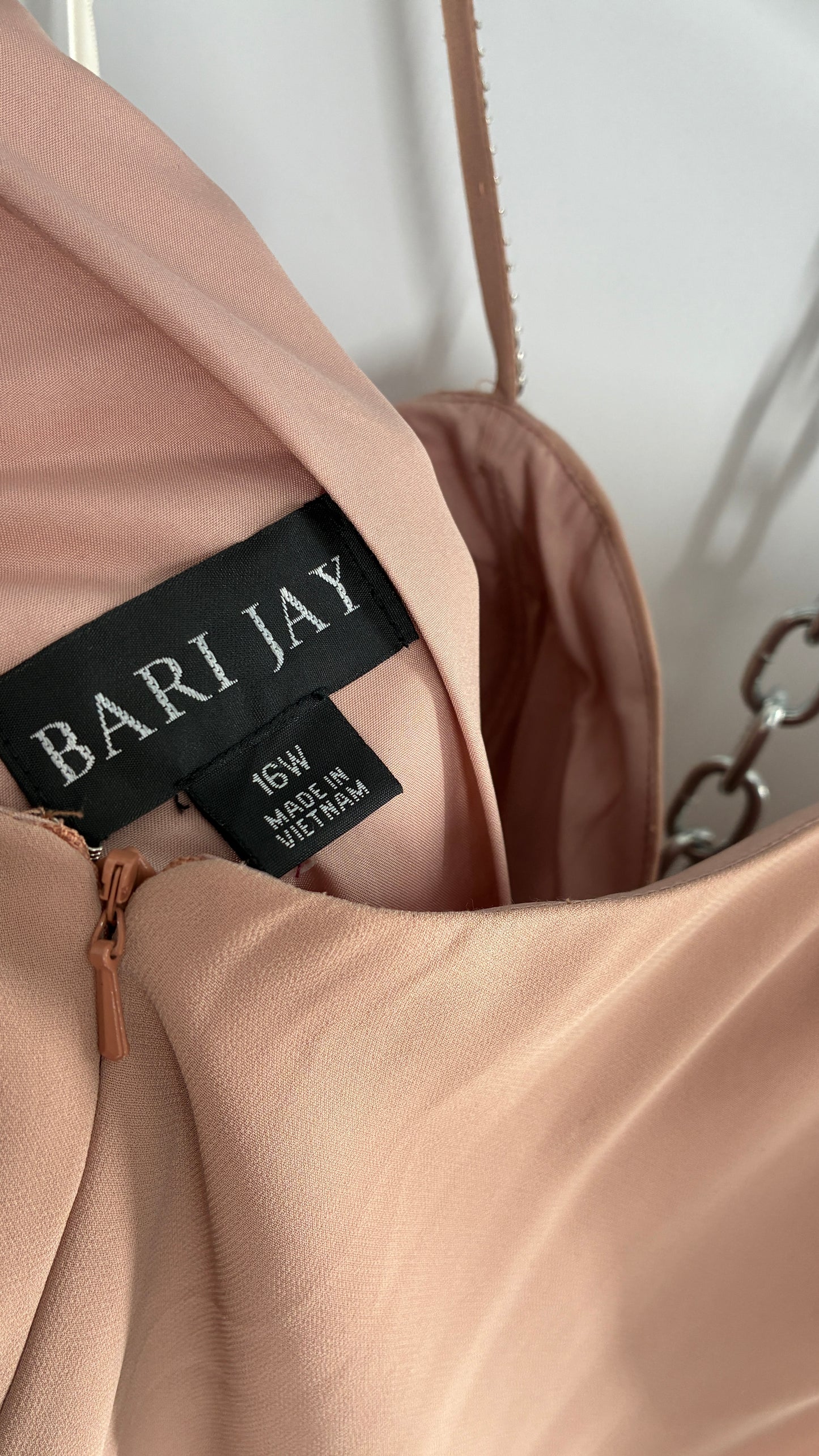 Vintage BARI JAY Nude/Blush Pink Full Length Dress with Embellished Straps and Side Slit Detail (16W)