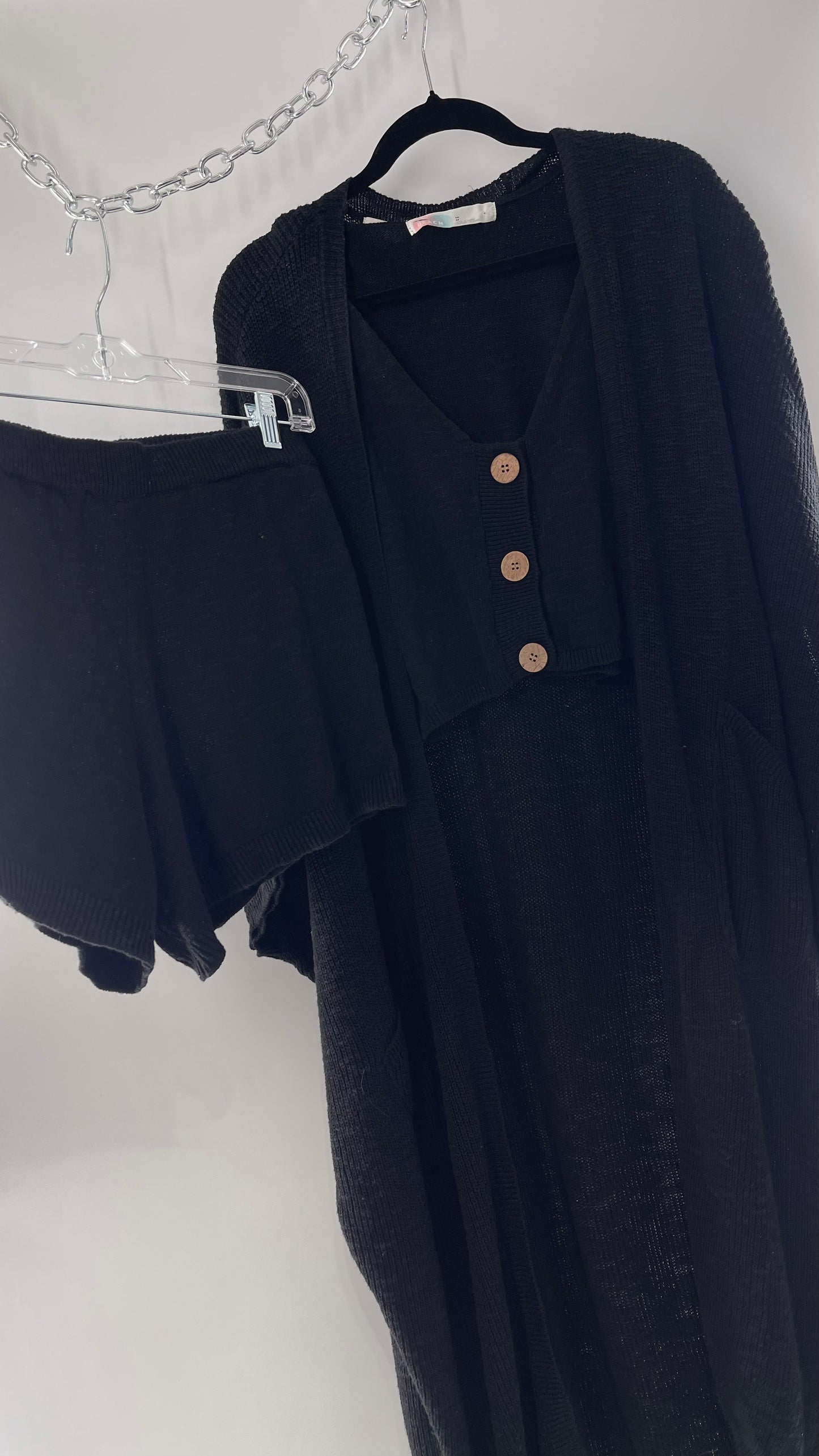 Free People Kai 3 piece Black Knit Cardigan, Tank, Shorts Set with Extra Button Never Worn (Medium)