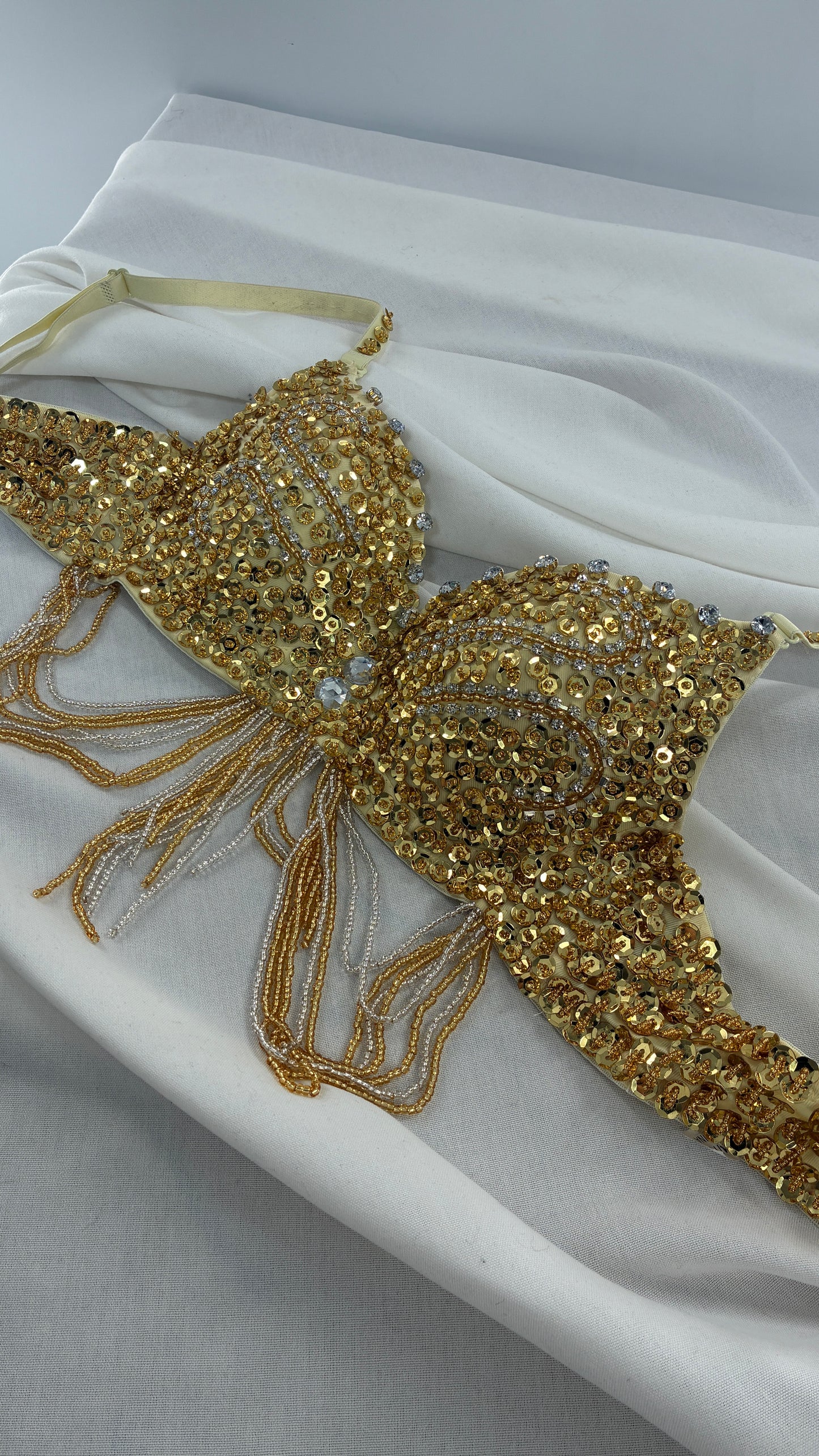 Vintage Gold Sequin Bra with Beaded Draping and Crystal Lining (34)