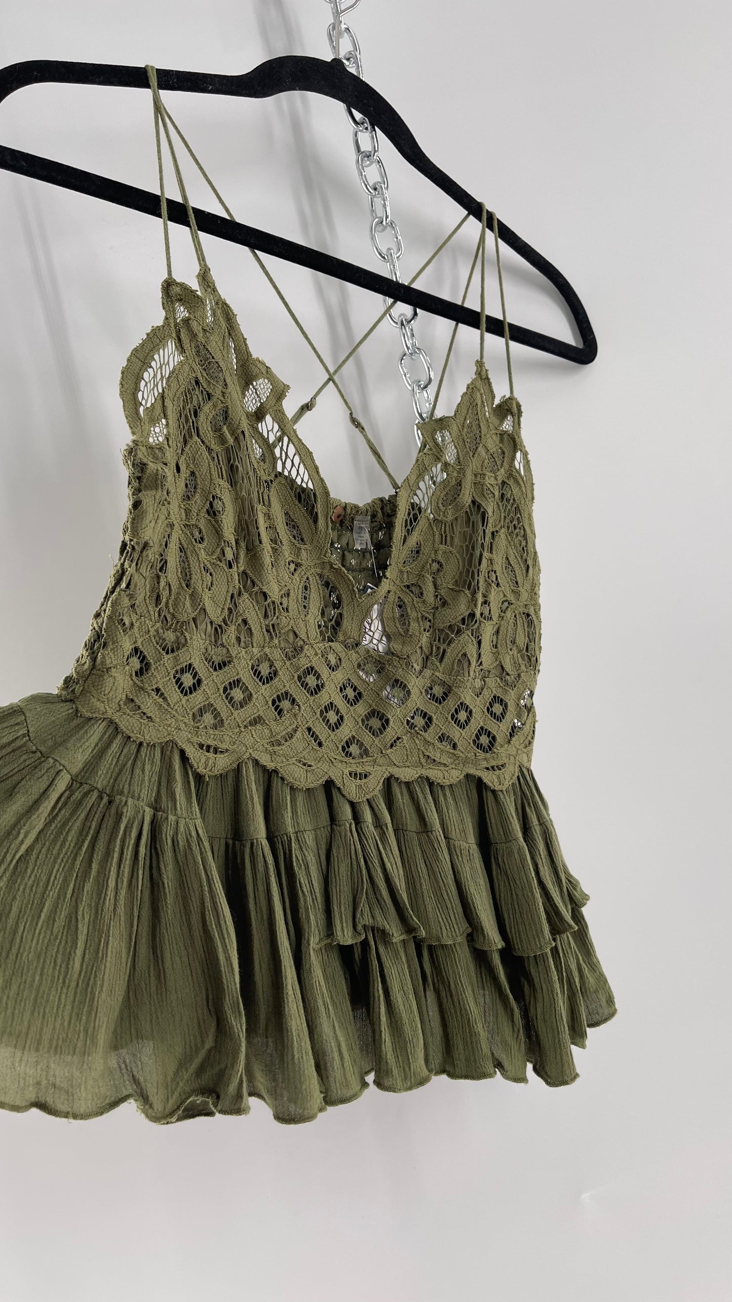 Free People Army Green Lace Bralette Top with Ruffled Hem (Large)