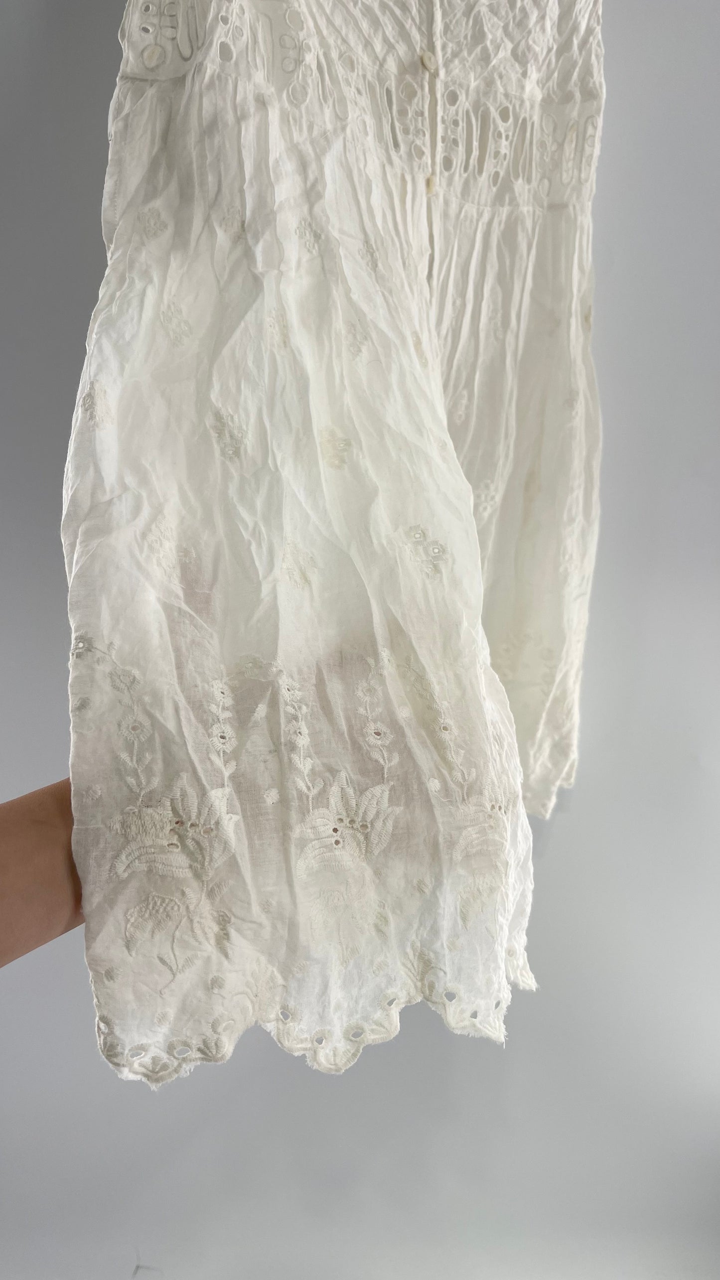 Free People White Cotton Eyelet Embroidered Lace Tank with Pleating, Buttoned and Slit Back (Small)