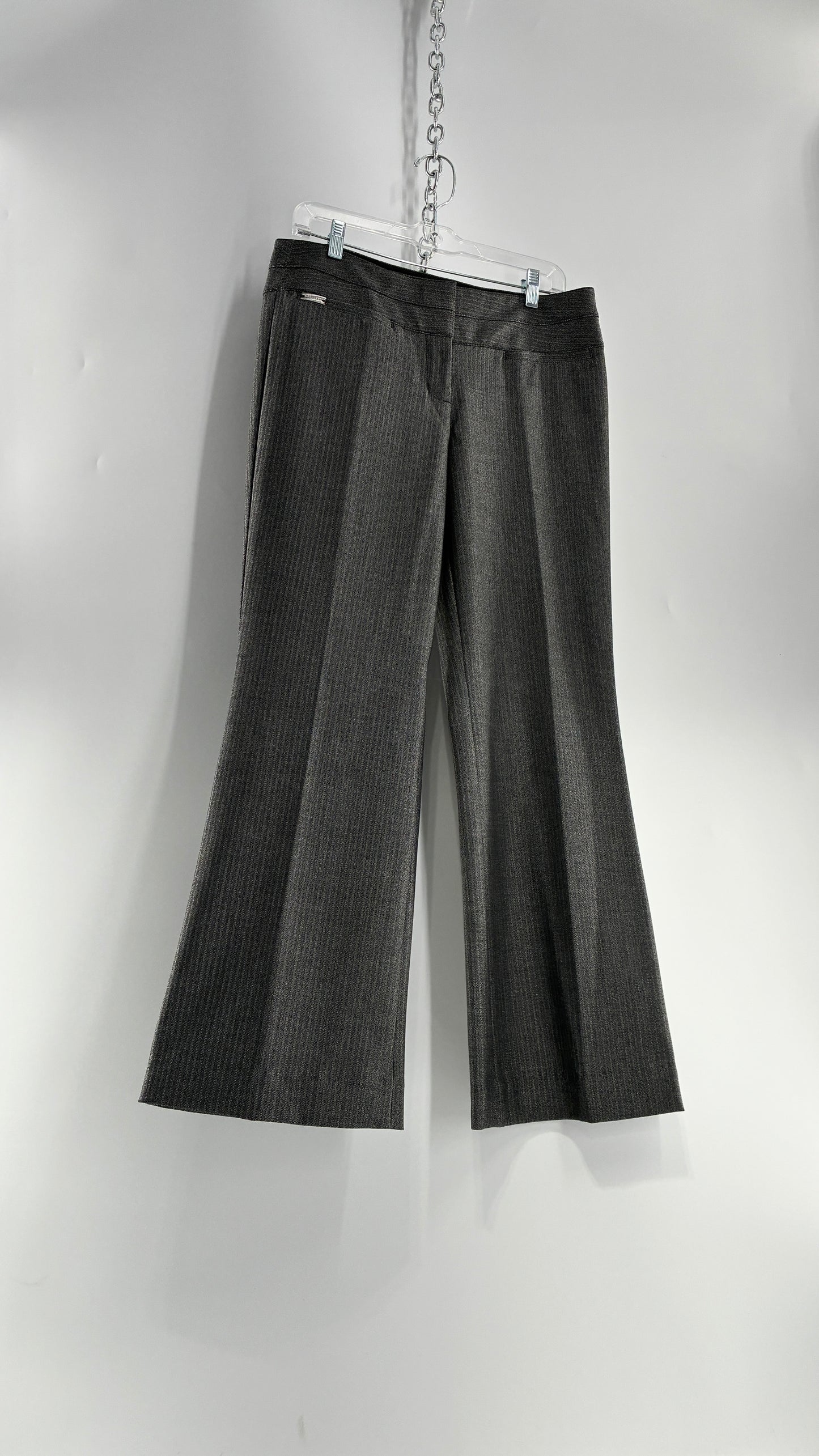 Vintage 1990s EXPRESS Editor Dark Grey Pinstripe Ultra Low Rise Thick Hip Band Kick Flares (6R)