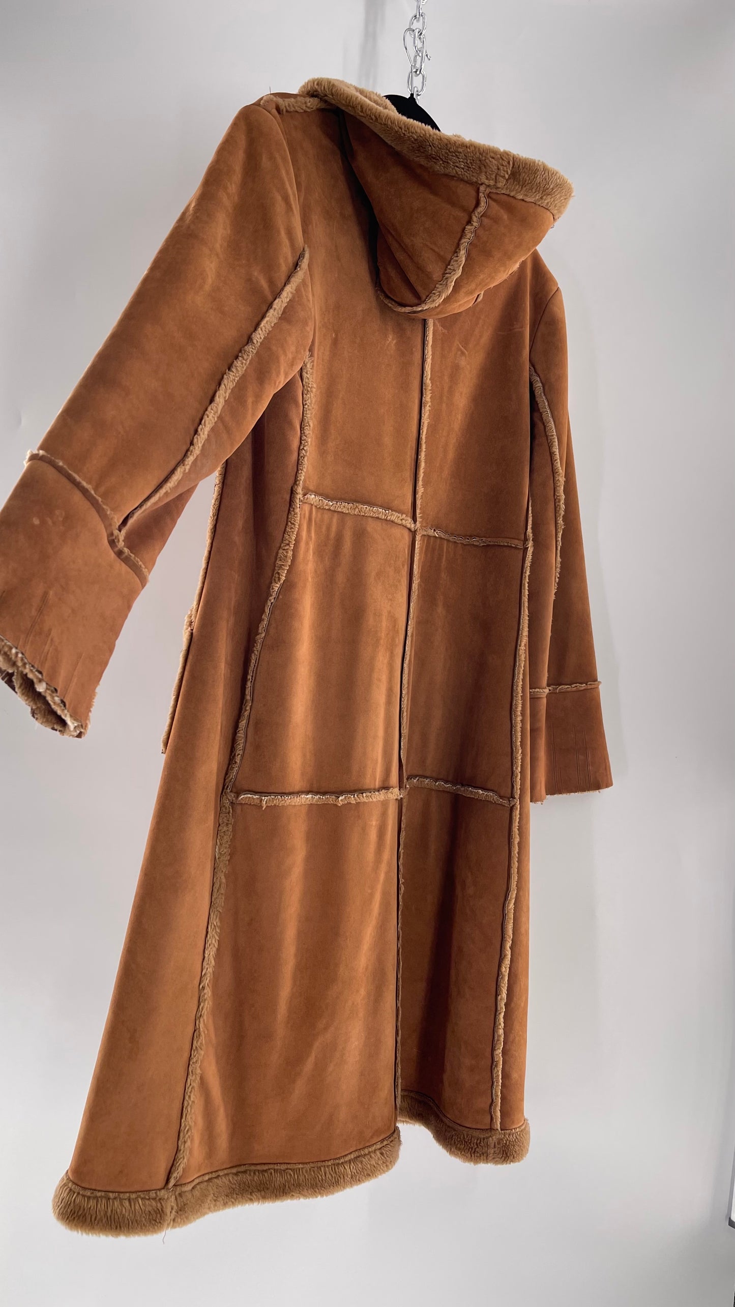 Vintage Faux Suede Long Hooded Coat with Fur Trim/Piping (C)(Medium)