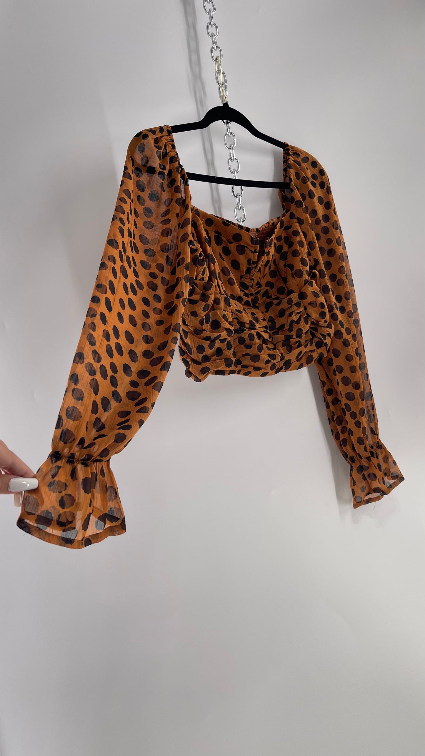 Free People Brown Black Animal Print Blouse with Ruched Bodice and Tags Attached (Large)