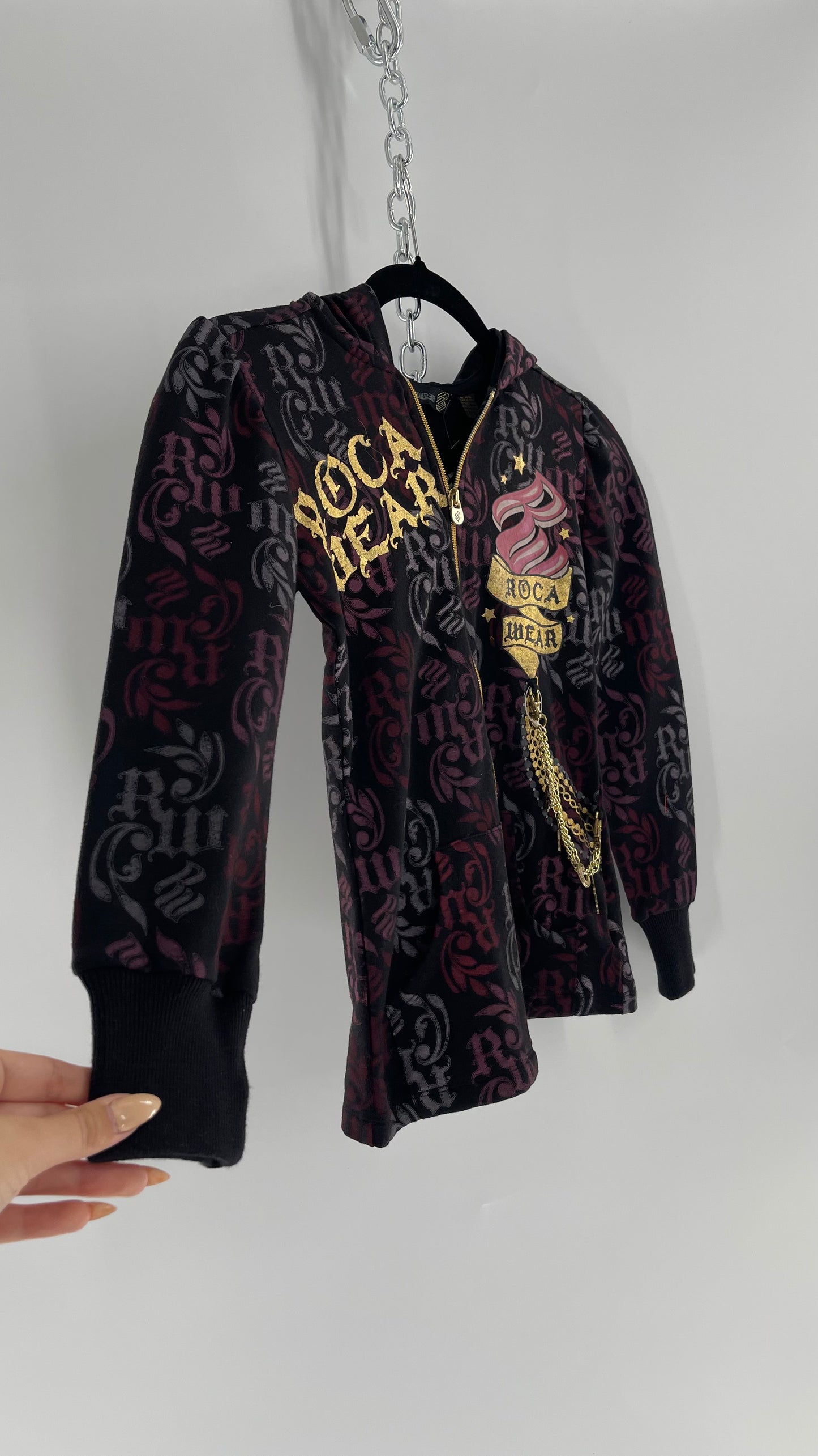 Vintage All Over Rocawear Logo Zip Up Hoodie with Gold Charm Chain and Silky Hood (XS/S)