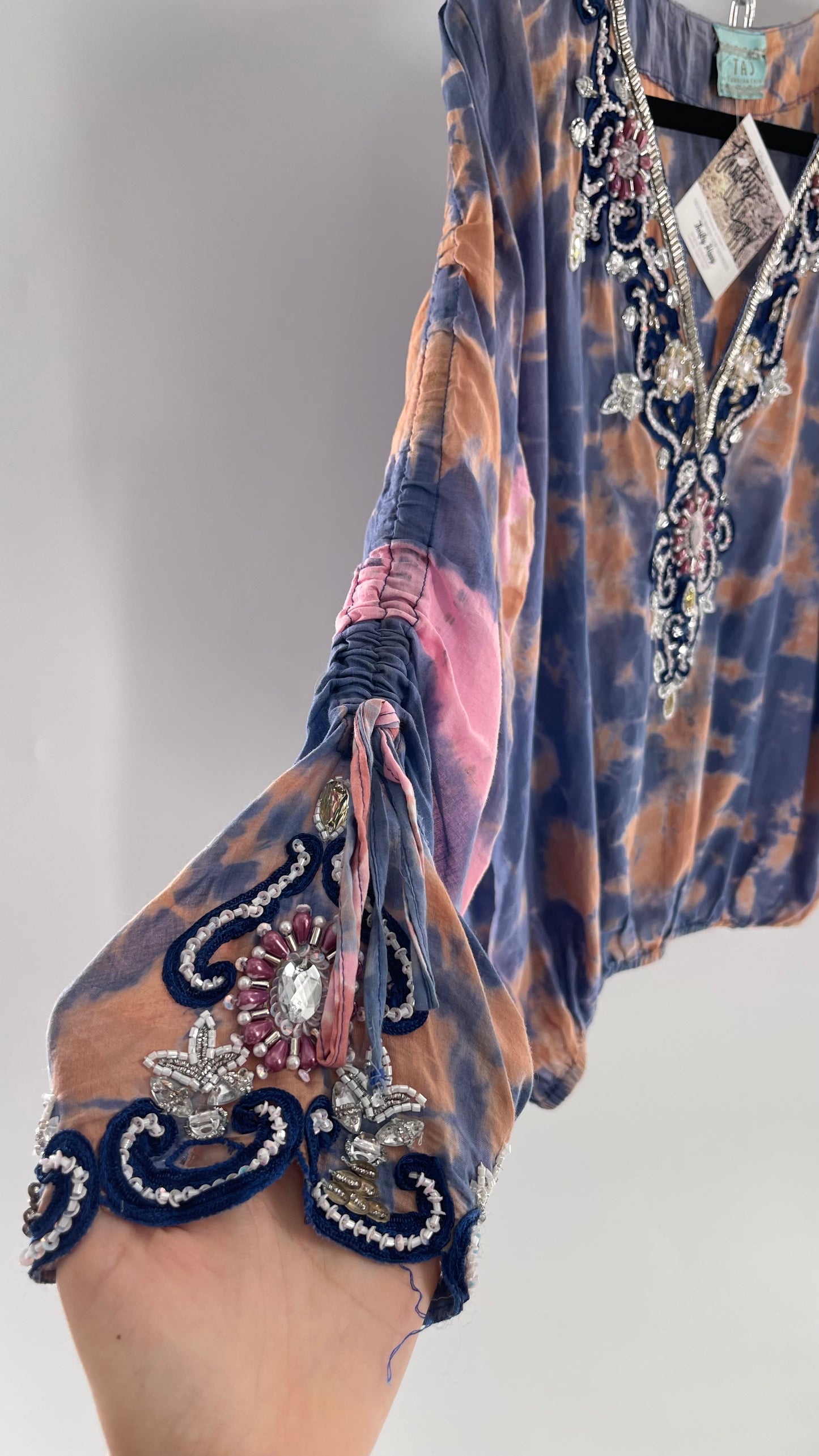 TAJ by Sabrina Crippa Tie Dye Blouse with Gemstone Encrusted Neckline and Ruched Beaded Sleeves (S/M)
