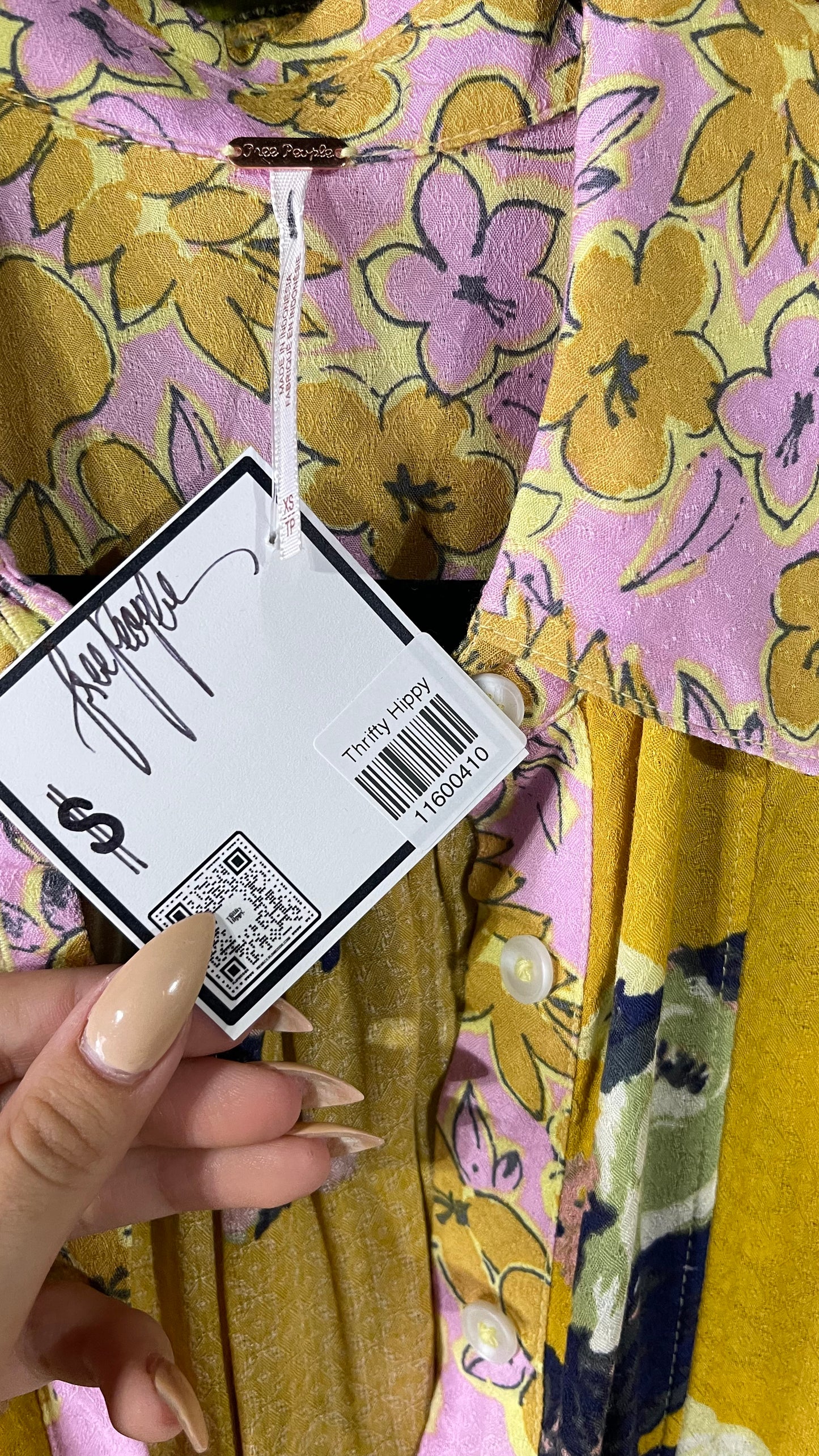 Free People Oversized Button Up Contrast Pattern Yellow Floral Blouse (XS)