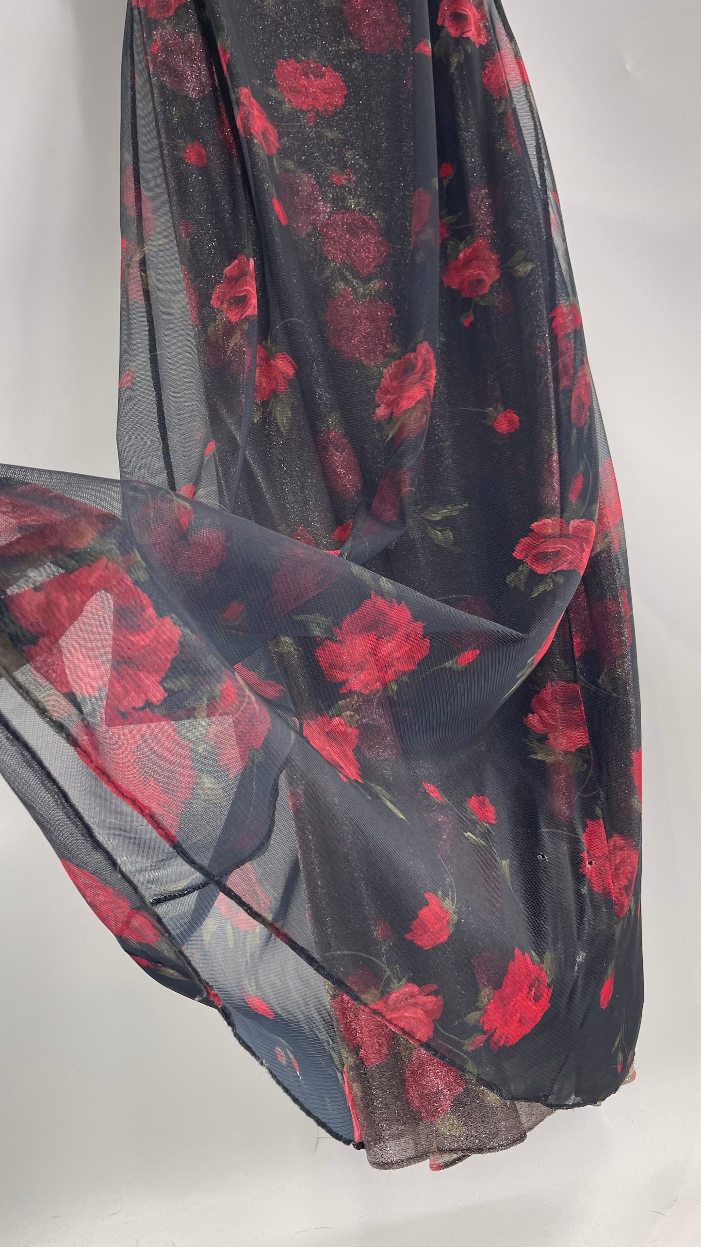 Vintage TEDDI EVENING Dress with Red Rose Layer Over Glitter Graphic and Black Base Layer (10)
