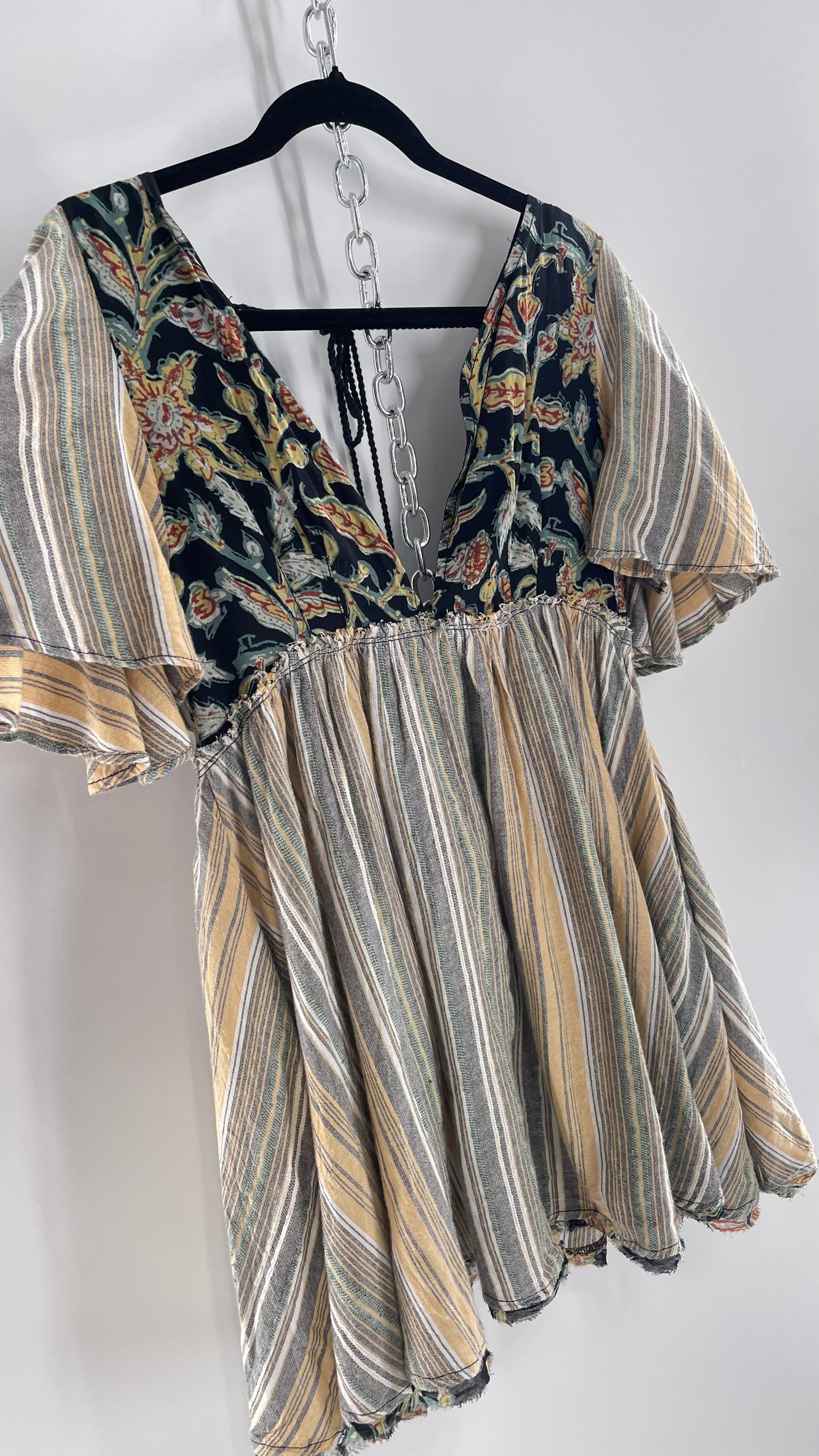 Free People Dual Fabric Floral/Woven Boho Babydoll Mini Dress (XS)