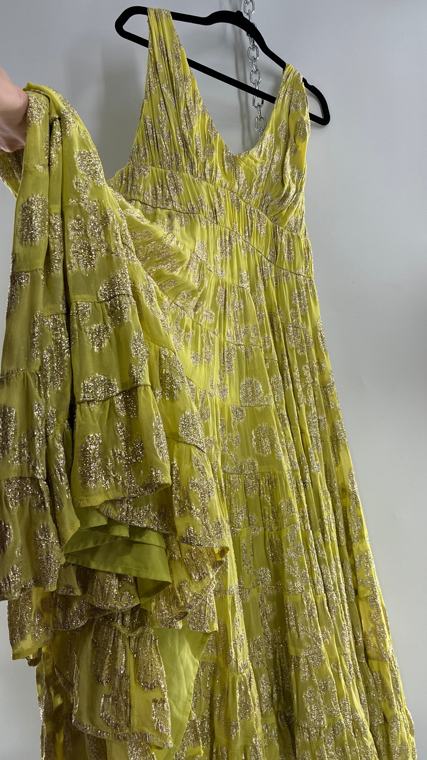 LET ME BE Lime Yellow/Green Ultra Voluminous Tiered Dress with Gold Metallic Jacquard Appliqué Pattern (XL)