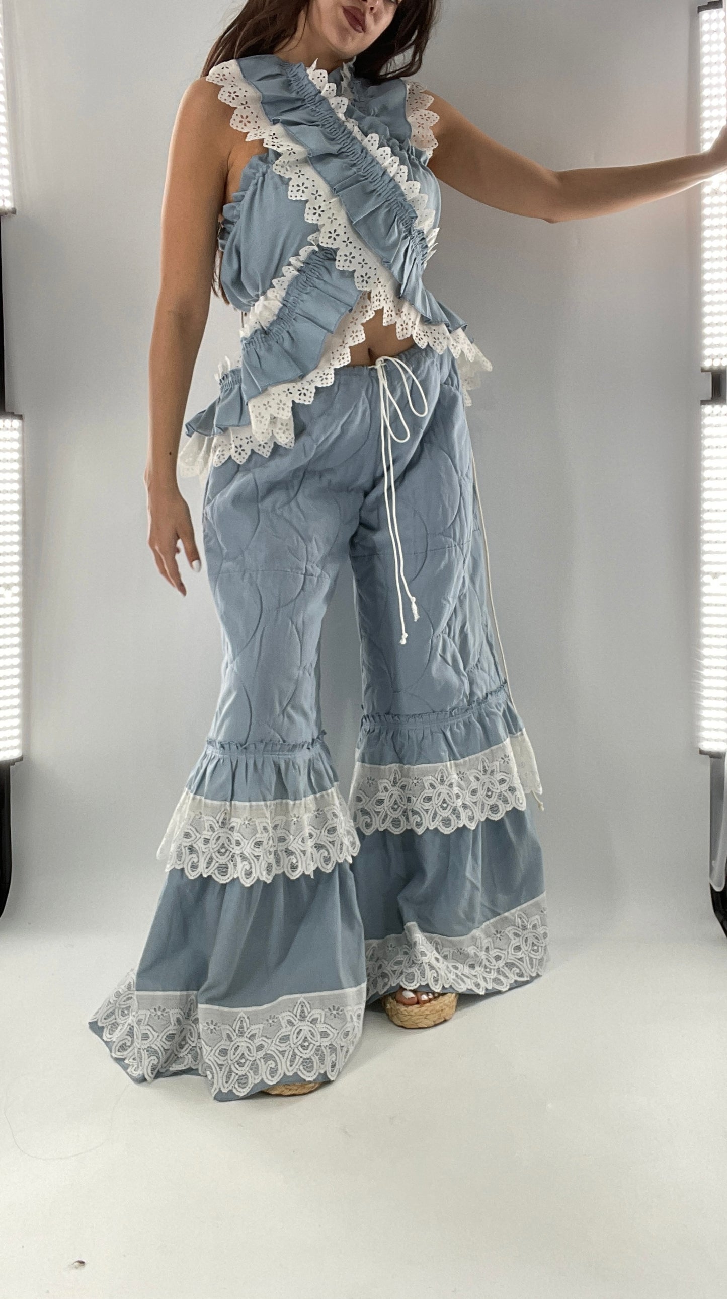 Vintage 2 Piece Powder Blue Set Featuring 2Way Blouse and Quilted Trousers Covered in Ruffles, Lace and Trim (One Size)