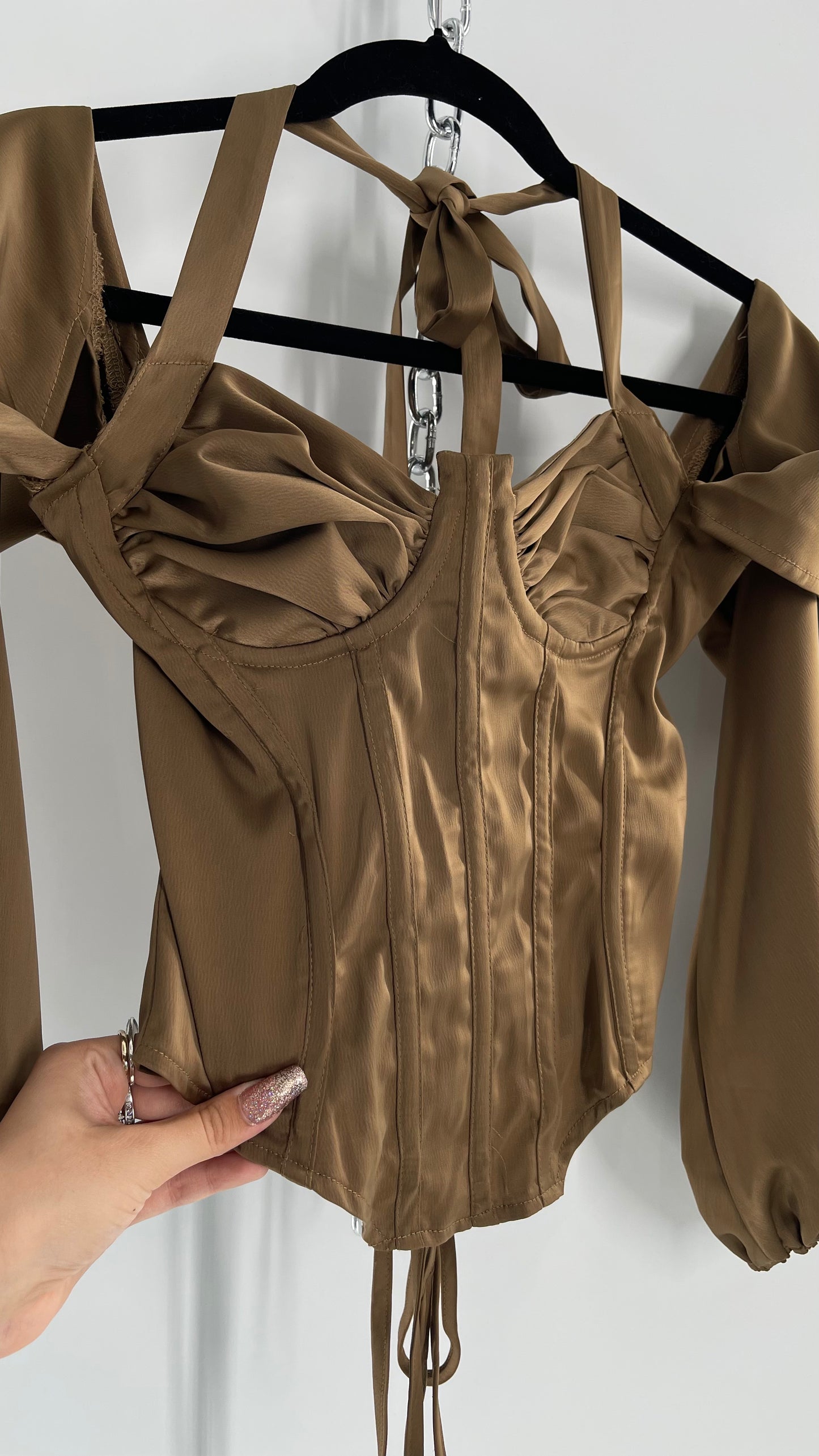 Pretty Little Thing Tan/Gold Corset Blouse with Draped Shoulders, Balloon Sleeves, Halter Strap and Lace Up Back (4)
