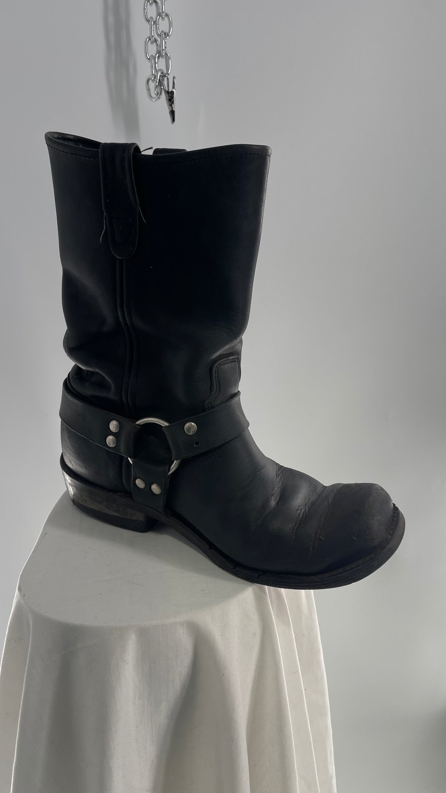 Vintage SIERRA Black Heavy Duty Sloppy Scuffed Distressed Leather Motorcycle Boots (10.5)