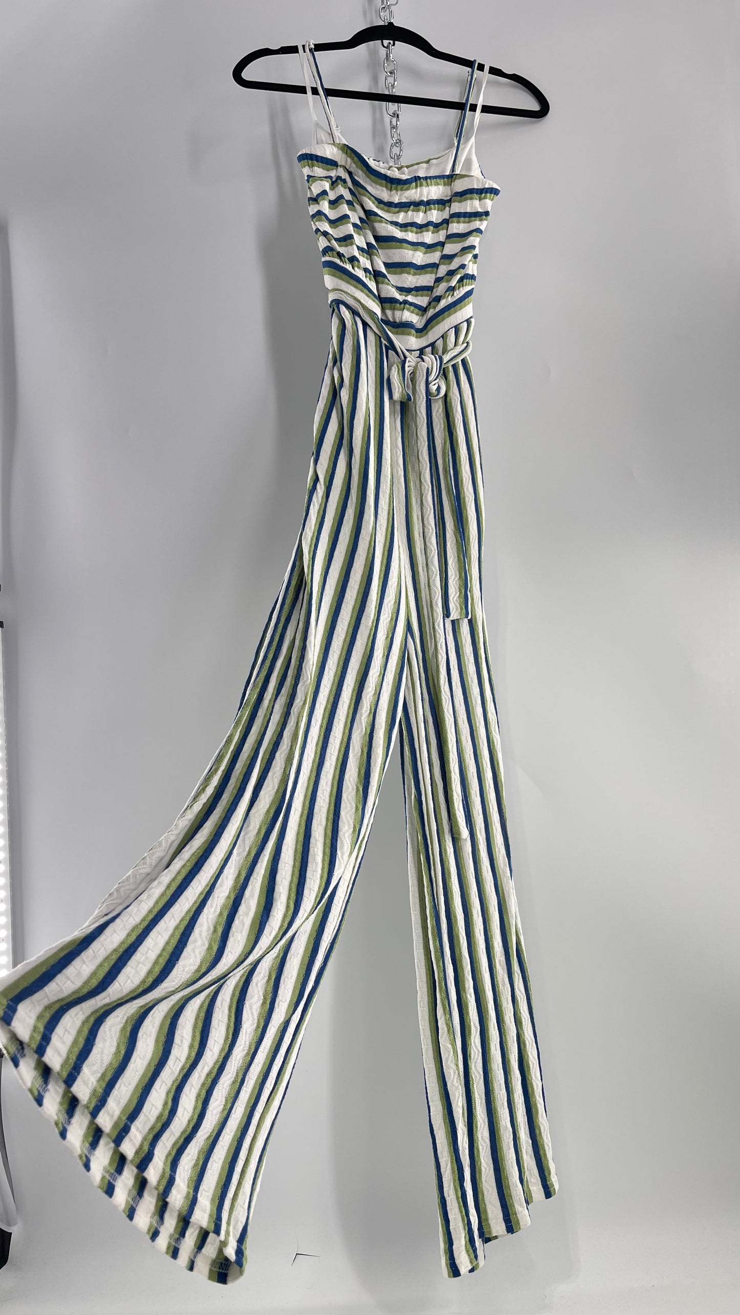 Maeve Anthropologie Woven Green/Blue/White Wide Leg Jumpsuit (Small)