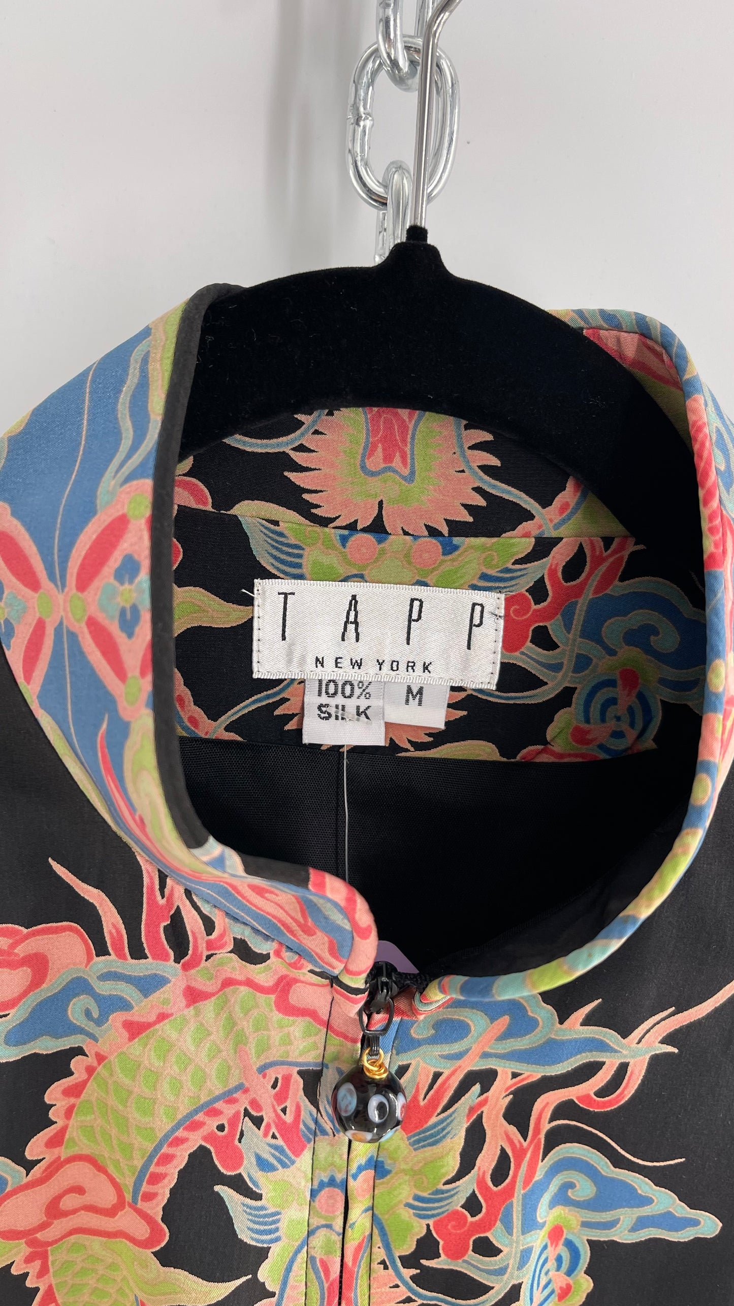 Vintage 1990s TAPP NEW YORK 100% Dragon Graphic Zip Front Crop Sleeveless Vest Top Silk (Medium)