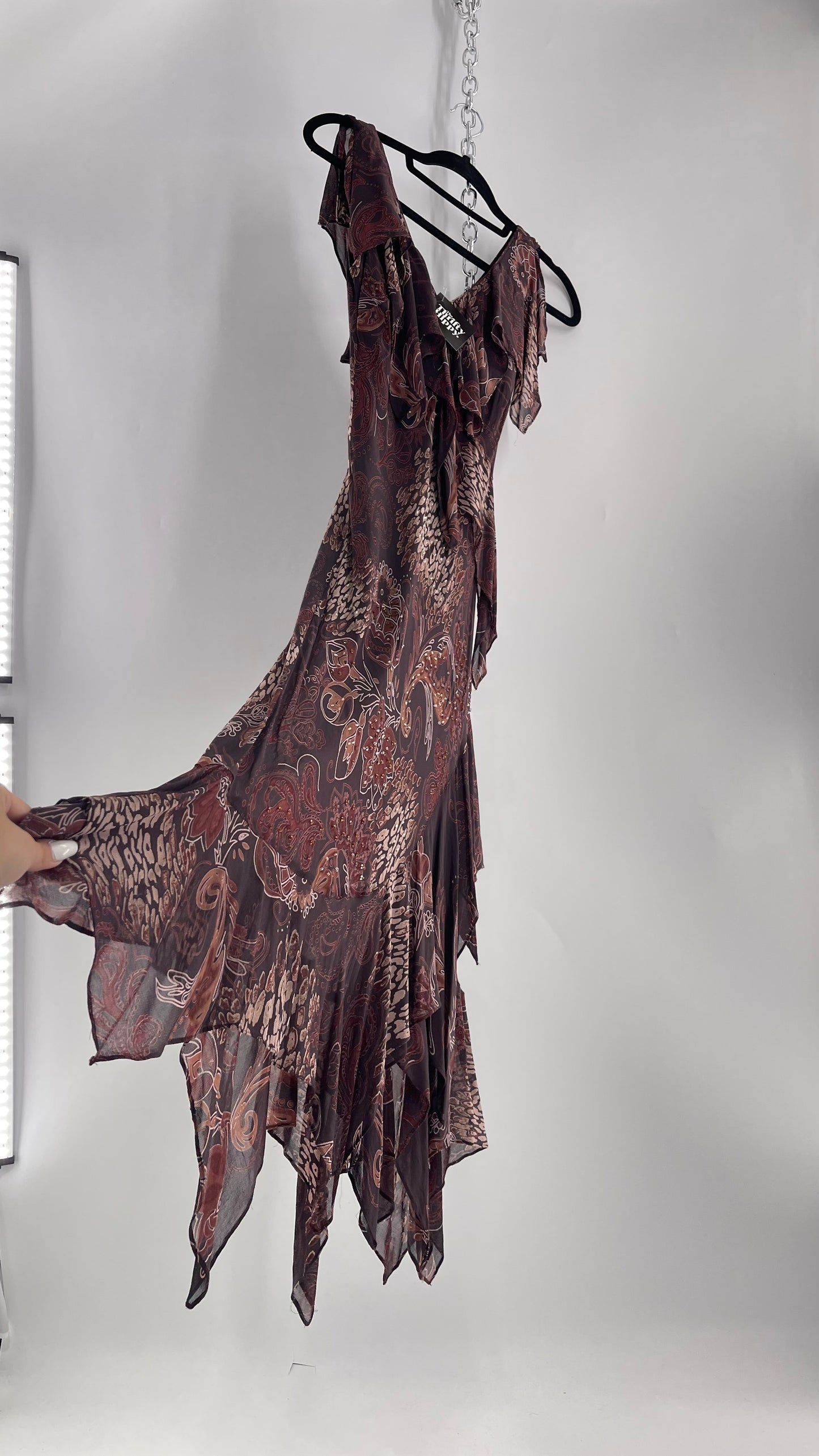 Vintage 90s EVA BLUE Brown MIDI dress with beading and Handkerchief Fairy Hem (10)