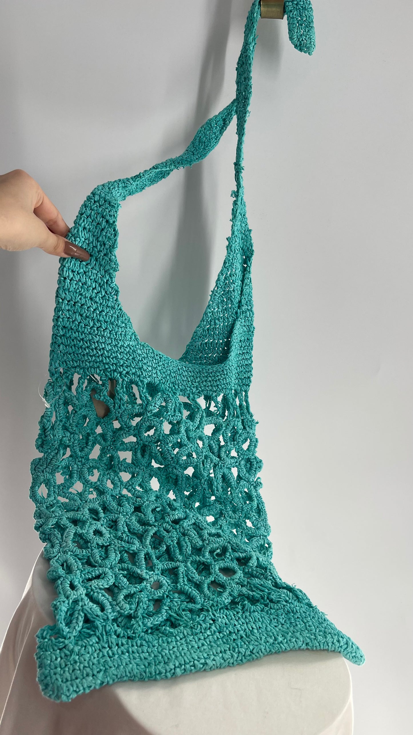 Turquoise Blue Straw Flower Tote Bag