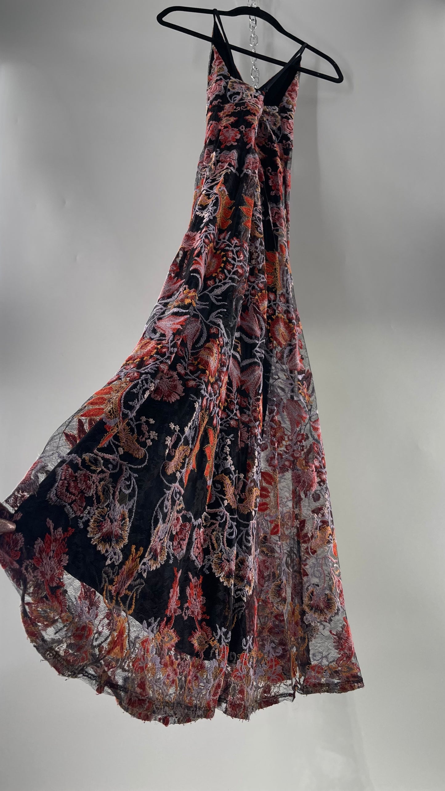 Free People Black Fall Toned Floral Embroidered Tule Sleeveless Maxi Dress (2)