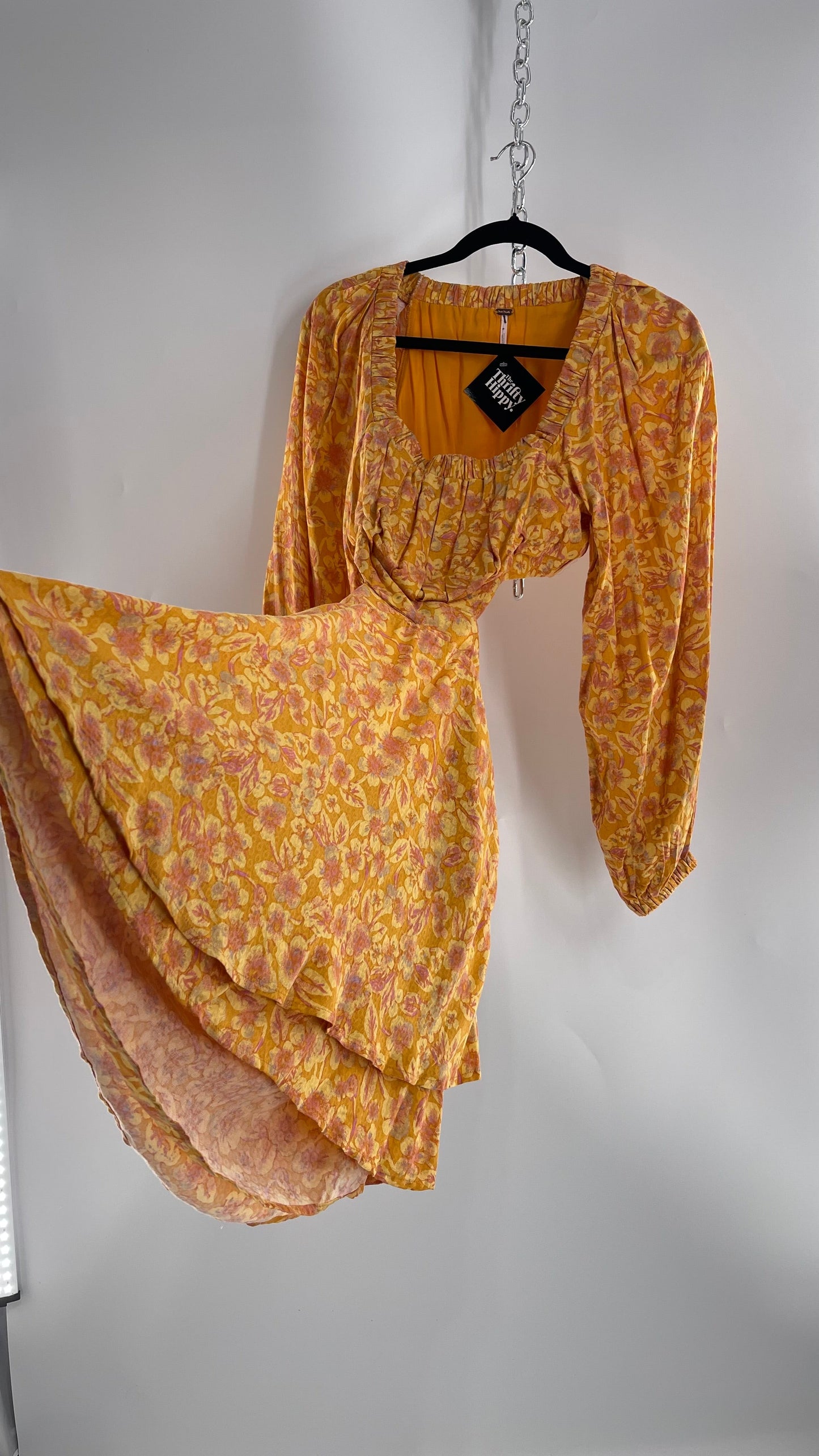 Free People Yellow Cut Out Golden Florals Dress with Ruched Bust and Balloon Sleeves (Small)