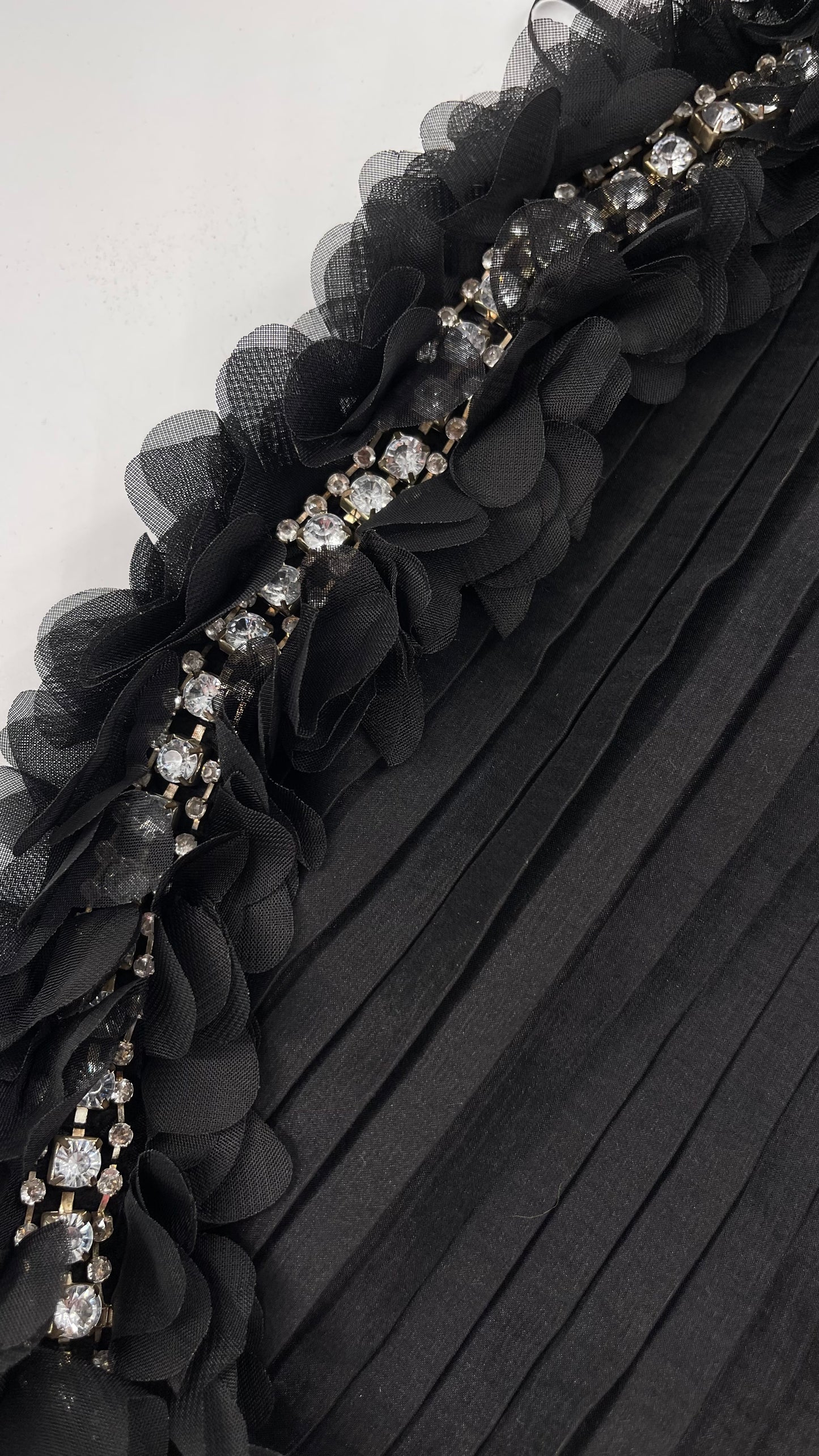 C.O:GWBG Black Dress with Pleated Bodice, Floral Ruffled Skirt and Bedazzled Bustline (S/M)