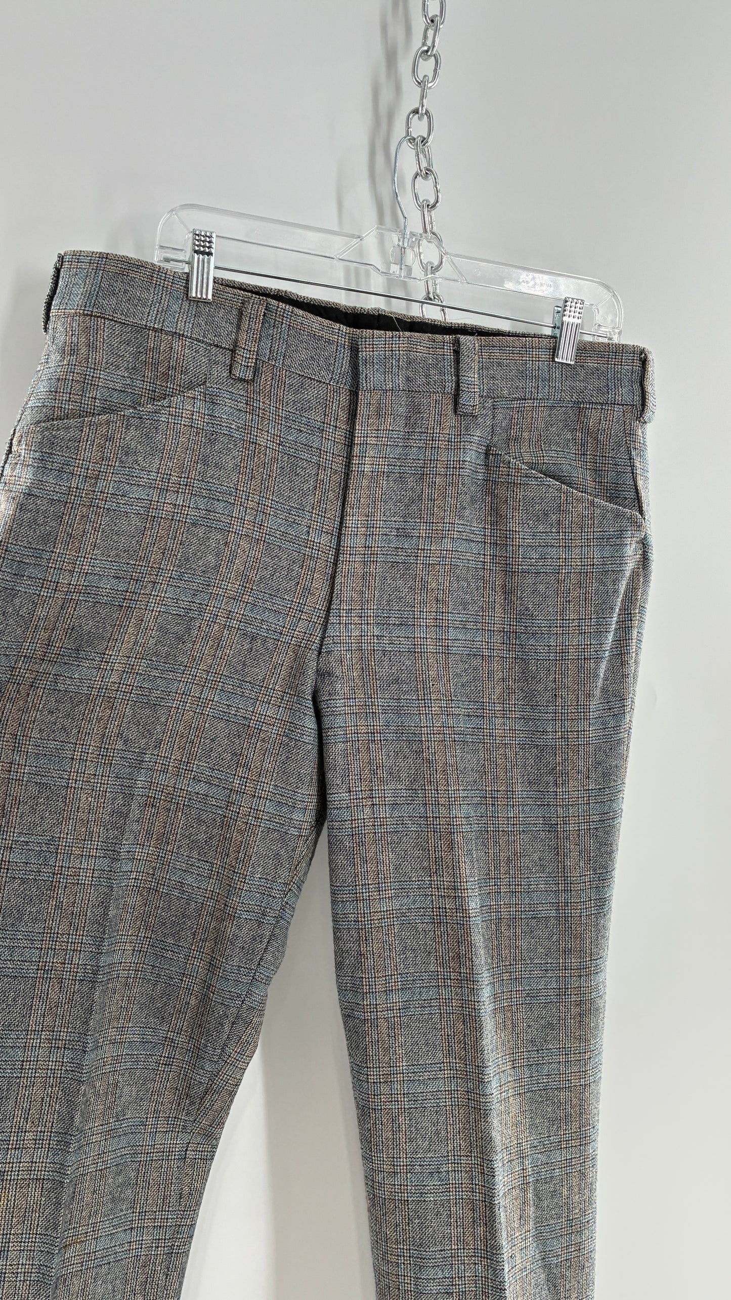 Vintage Handmade Wool Blend Woven Men’s Tailored Trousers with Grey Blue Plaid Pattern (35x32)