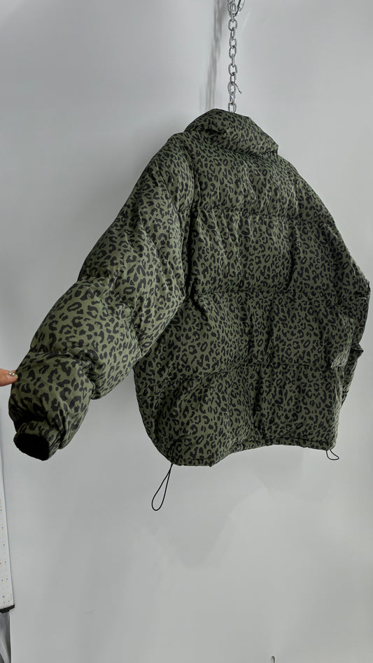 PACSUN Army Green Leopard Print Puffer Jacket (Large)